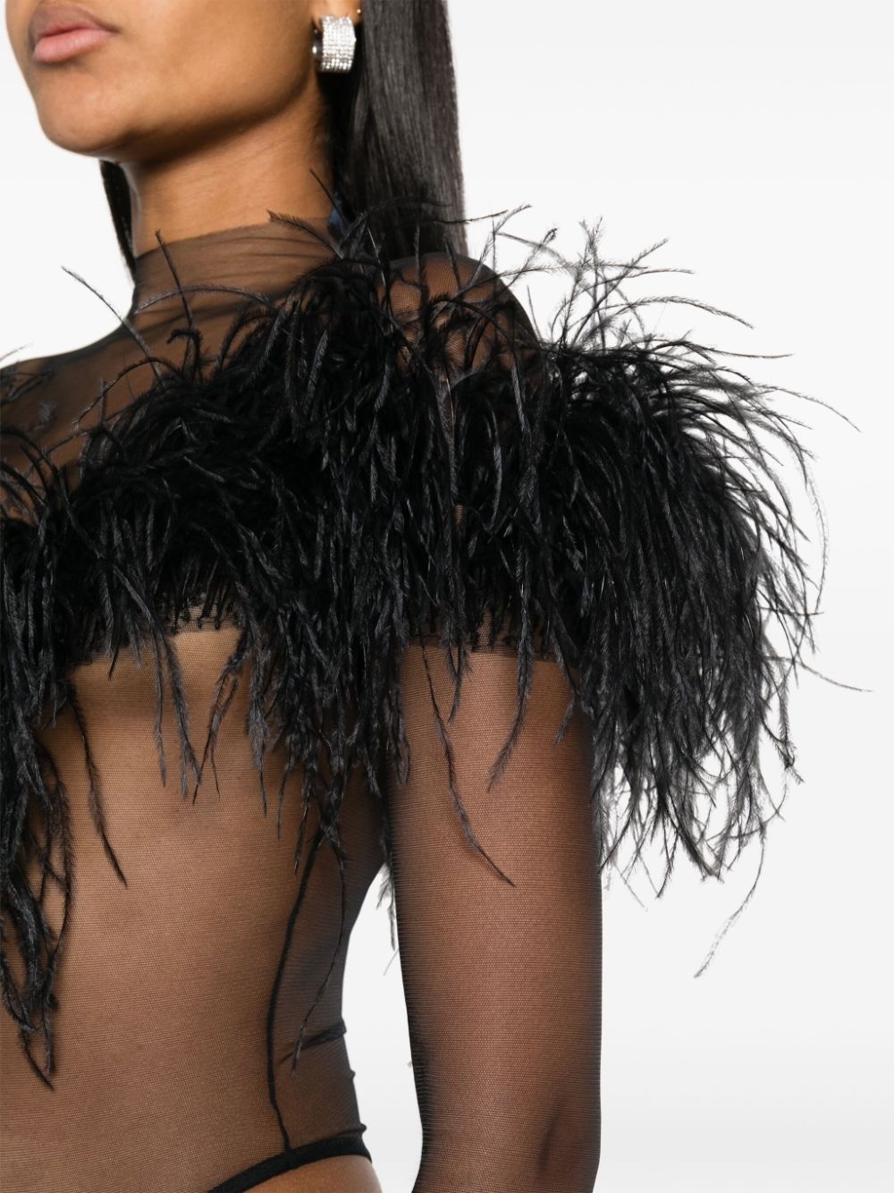 feather-trim mesh bodysuit - 5