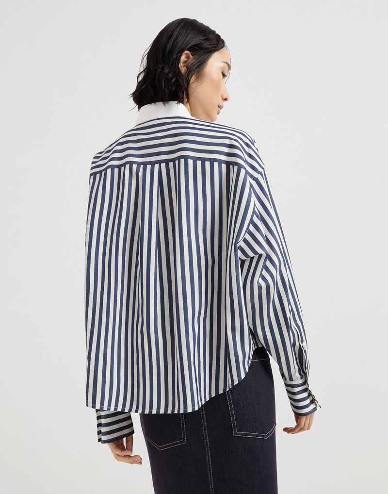 Brunello Cucinelli Striped cotton and silk poplin shirt with logo outlook