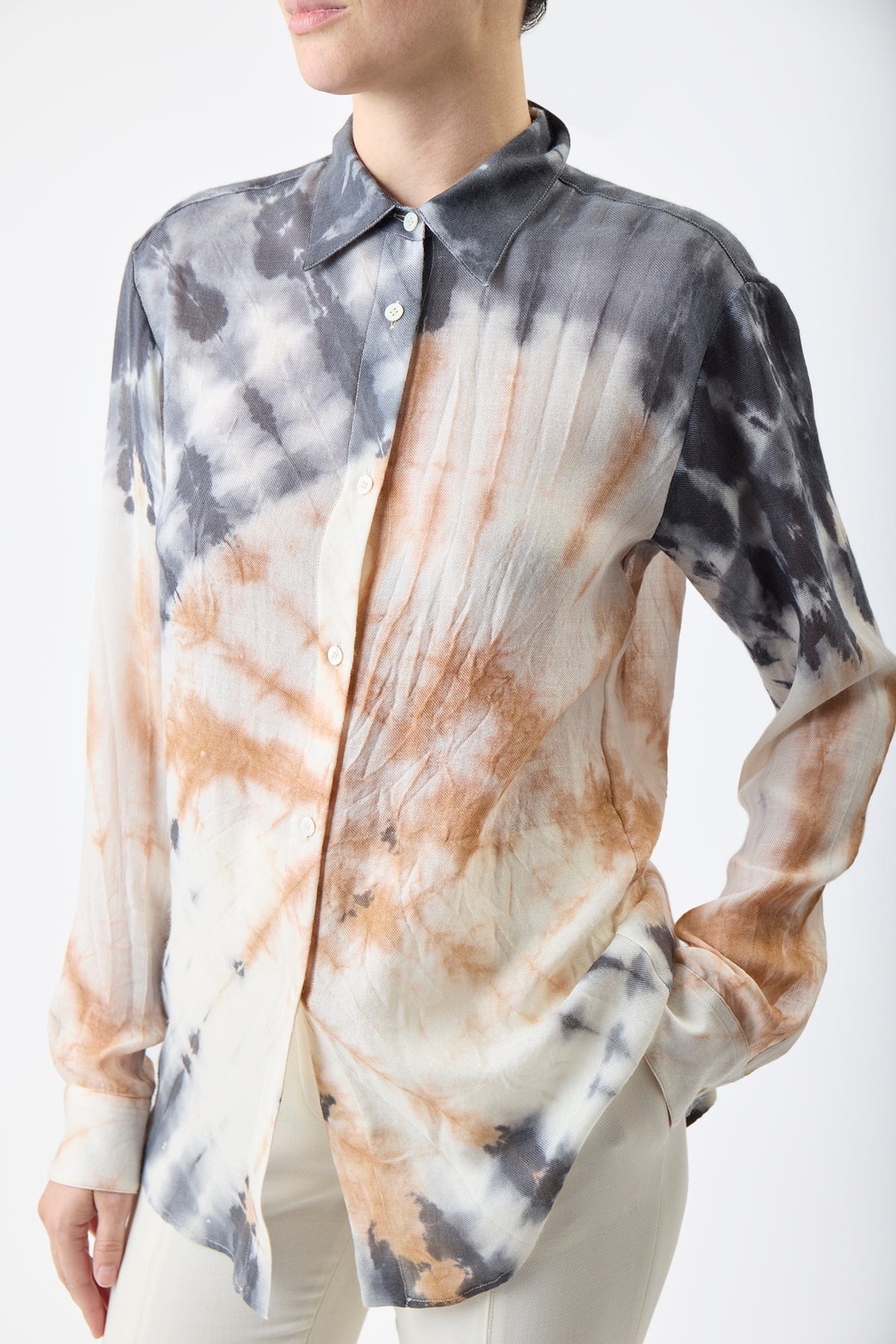Ferrara Shirt in Camel Multi Print Cashmere Silk - 5