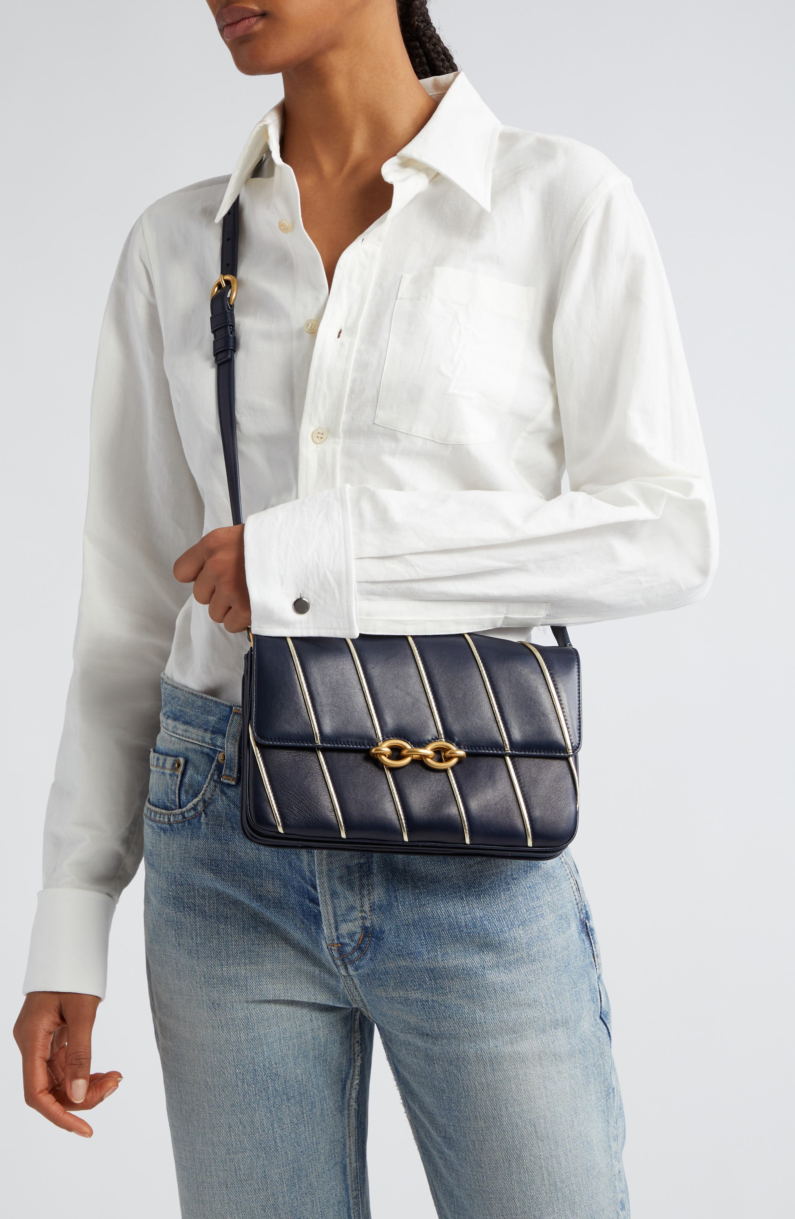 Saint Laurent Le Maillon Quilted Leather Shoulder Bag in Marine/Marine/Argent at Nordstrom - 2