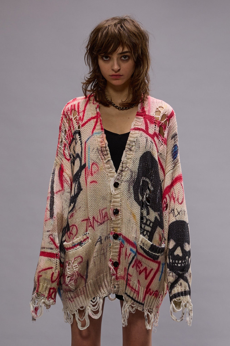 PRINTED OVERSIZED CARDIGAN - SKULL GRAFFITI PRINT 1
