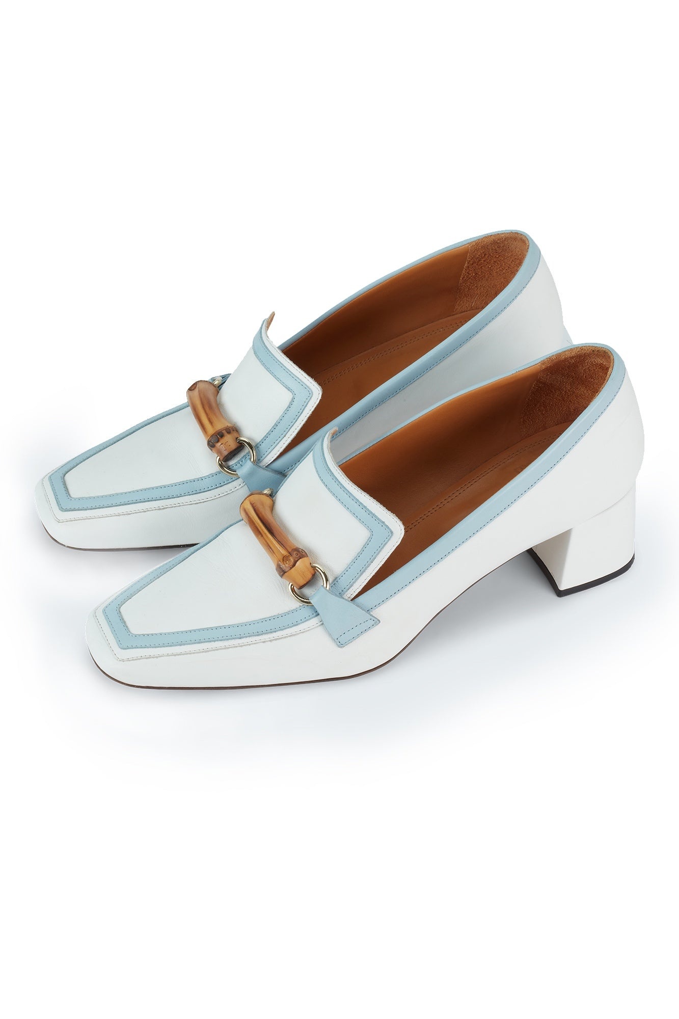 White & Light Blue Leather Heeled Loafer - 1