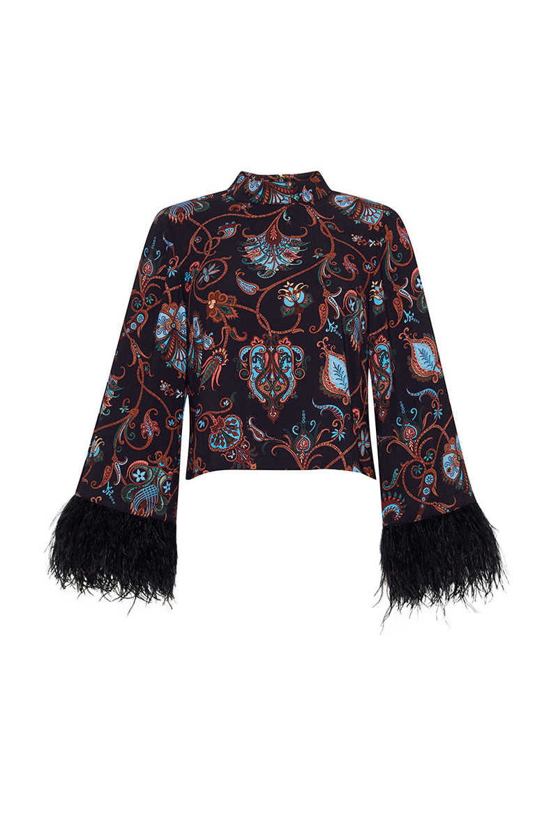 Vida Top Feather-Trimmed, Medallion-Printed, Mod-Inspired Flair 1