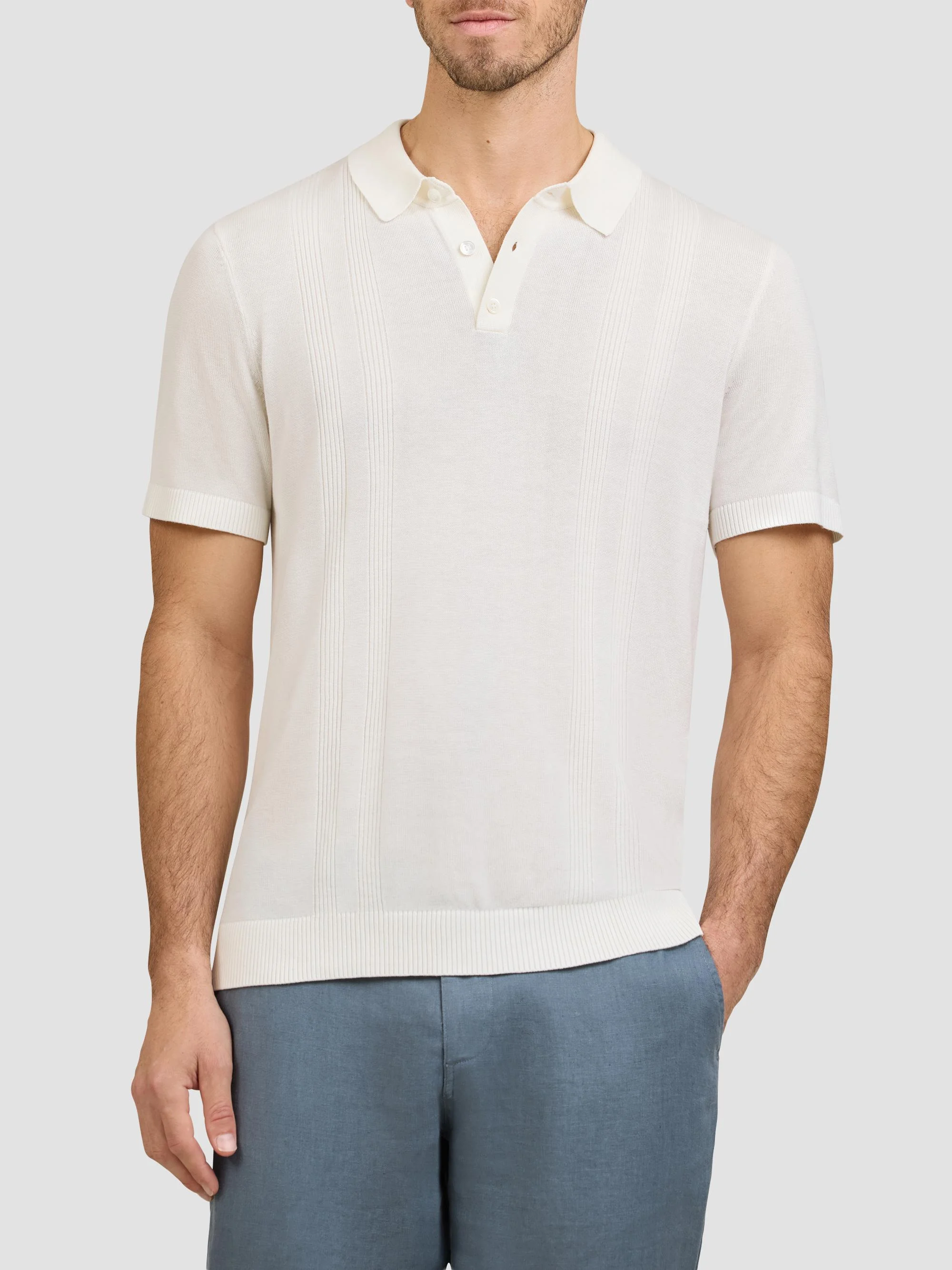Men's Rib-Knit Polo Shirt - Ivory - 1