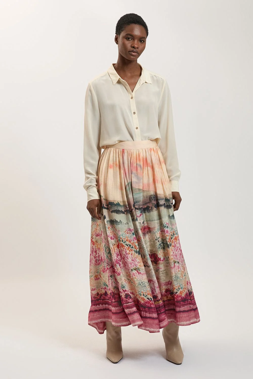 Scenic Print Fluid Organza Maxi Skirt - 1