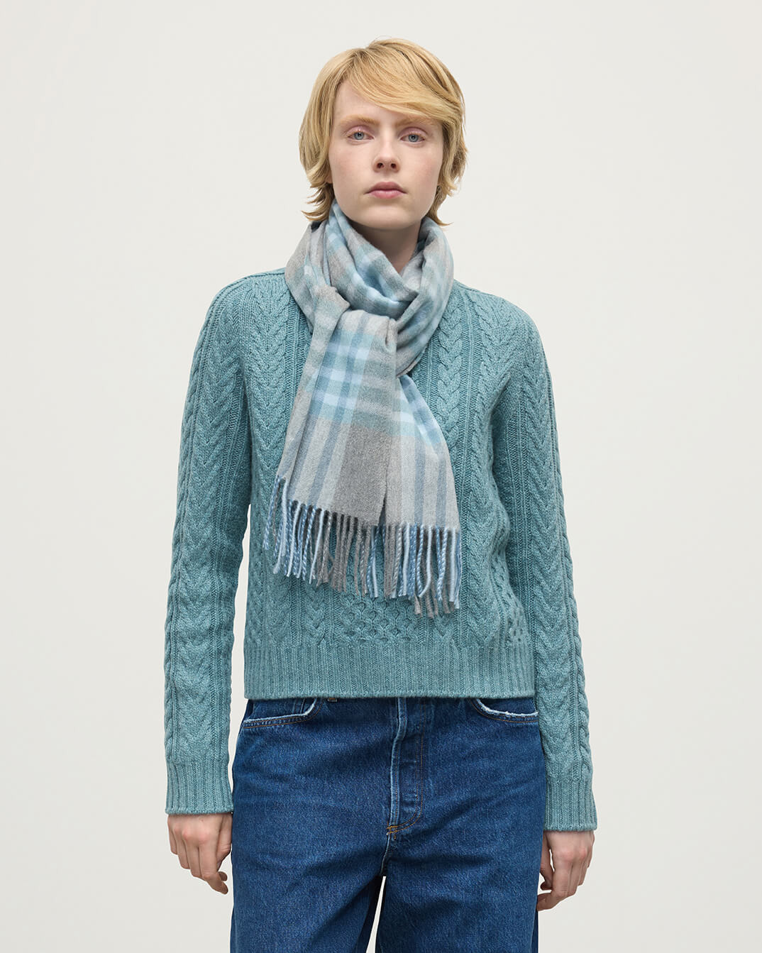 Grid Check Blue Cashmere Scarf - 2