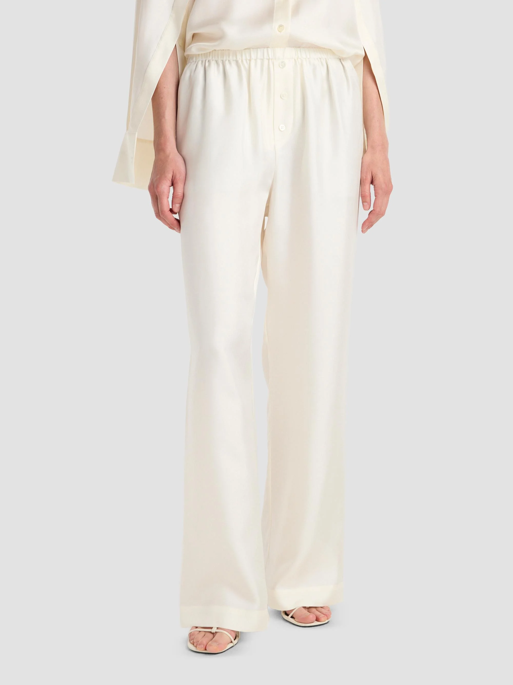 Women's Silk Twill Relaxed-Leg Pull-On Trousers - Cream - 1