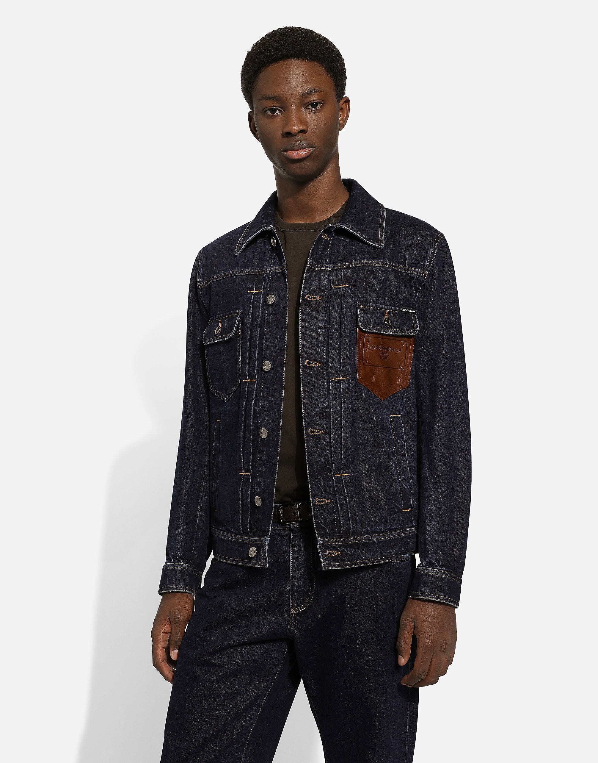 Denim jacket with embossed tag on leather - 4