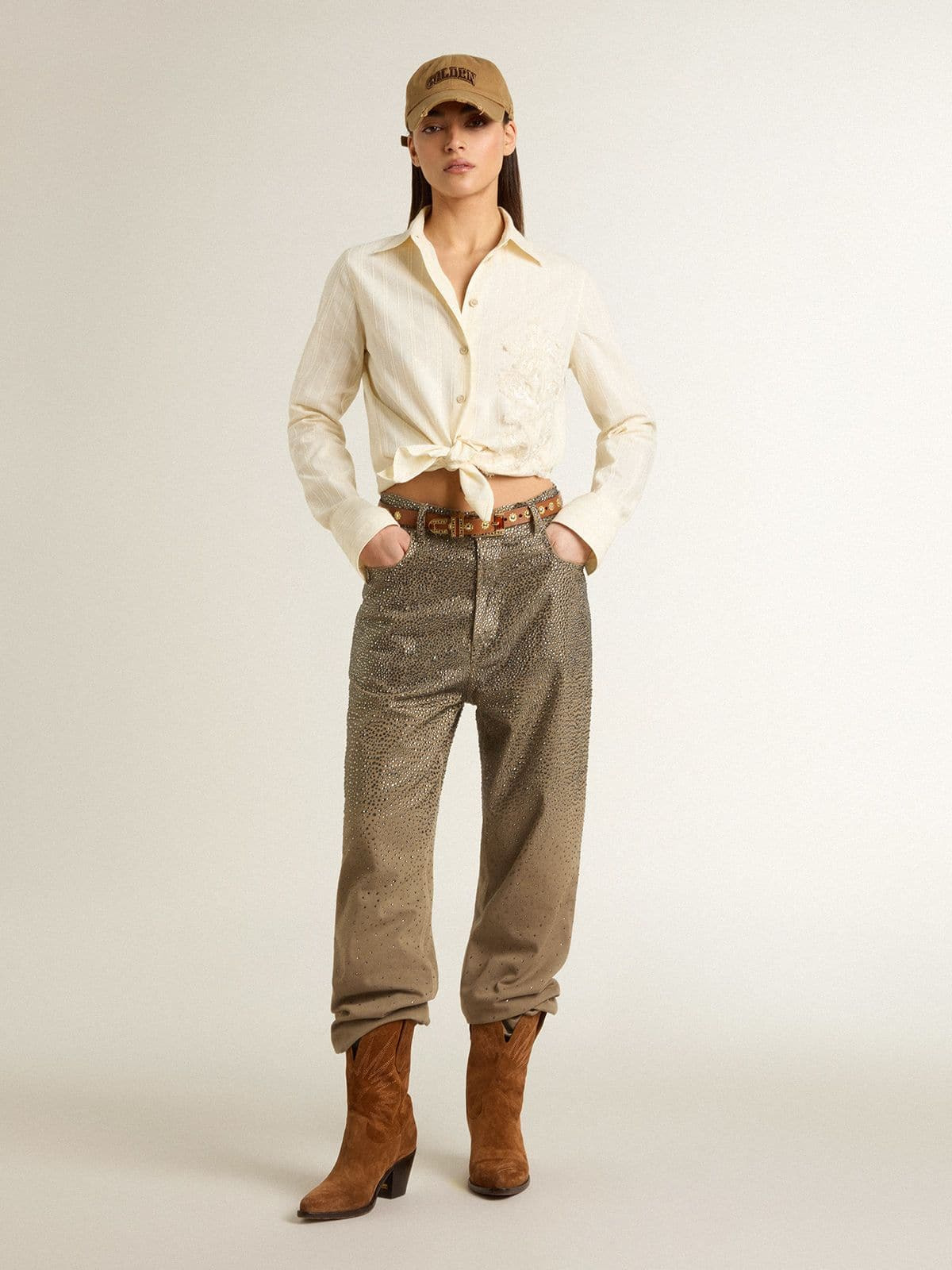 Women's khaki cotton pants with gradient Swarovski effect - 3