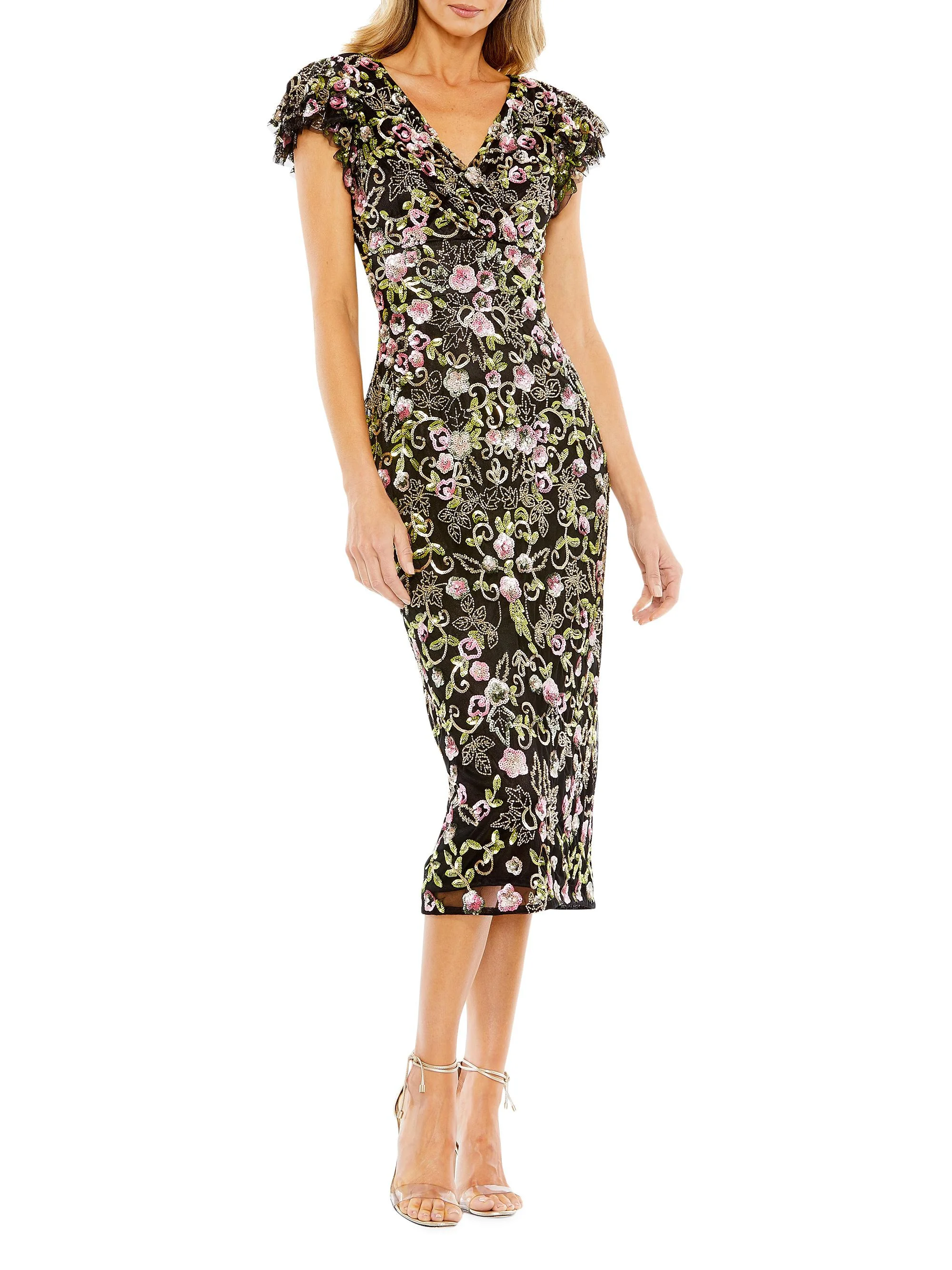 Women's Embellished Cap-Sleeve Dress - Black Multi - 1