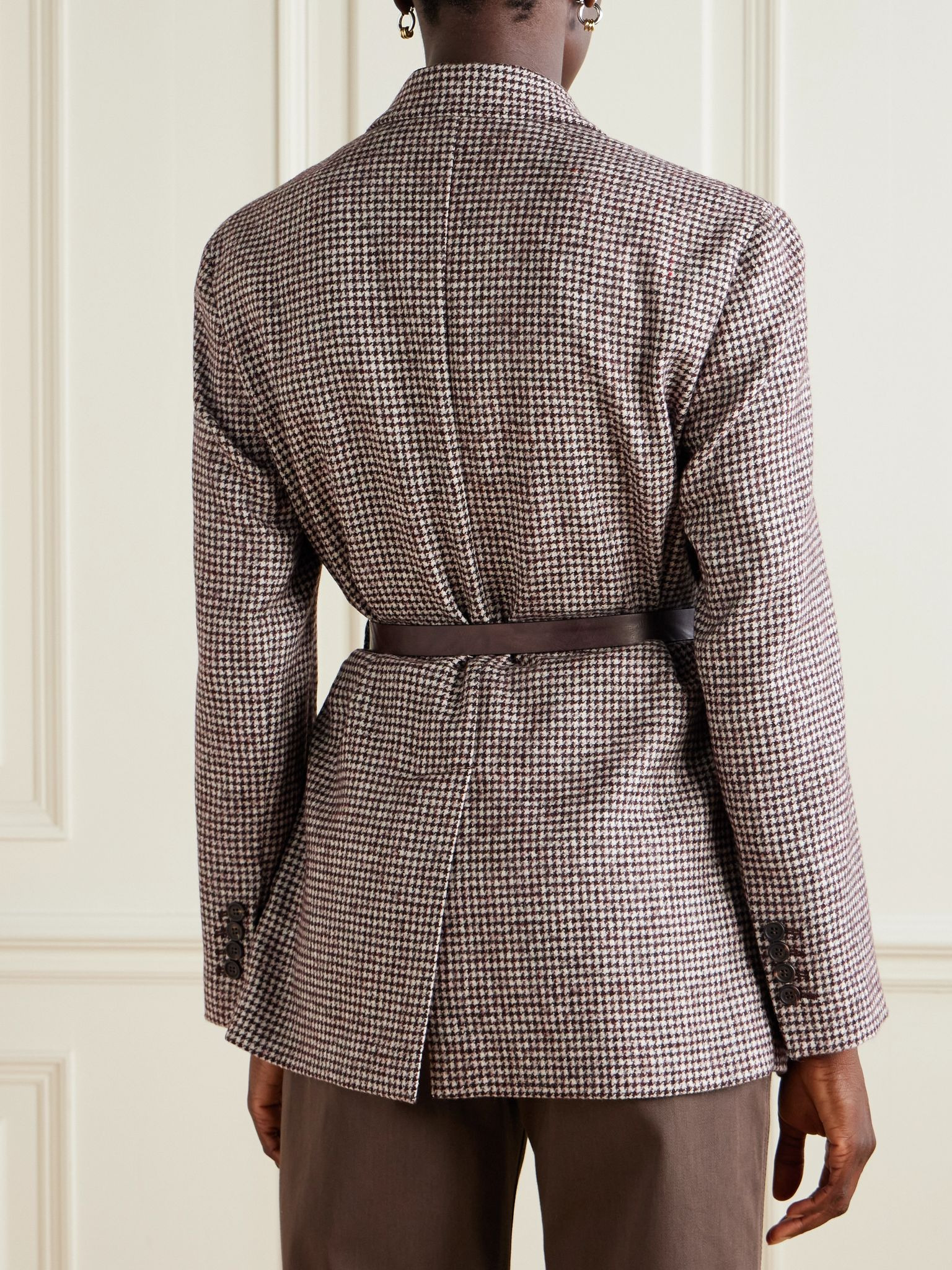 Belted bead-embellished houndstooth wool-blend jacket Brown - 3