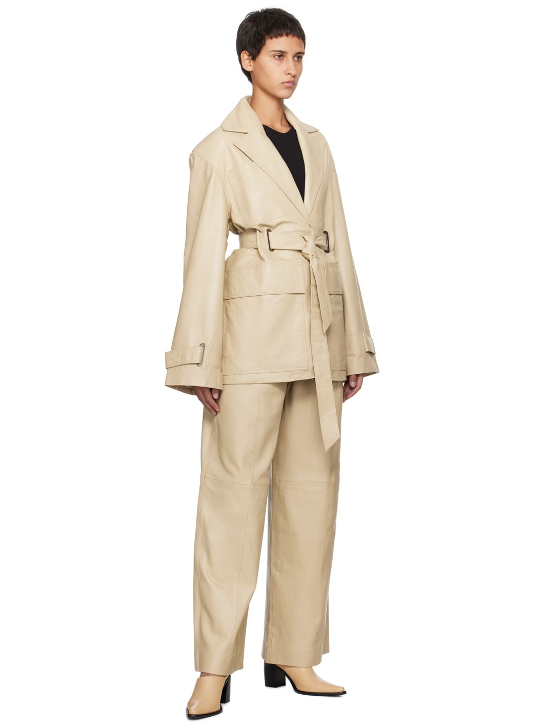 Beige Eyelet Leather Pants - 4