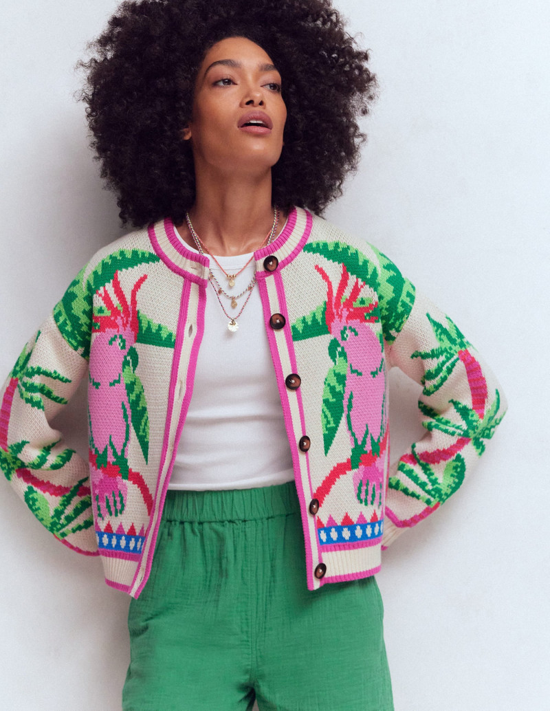 Abi Jacquard Cardigan-Warm Ivory, Palm Tree Birds 7