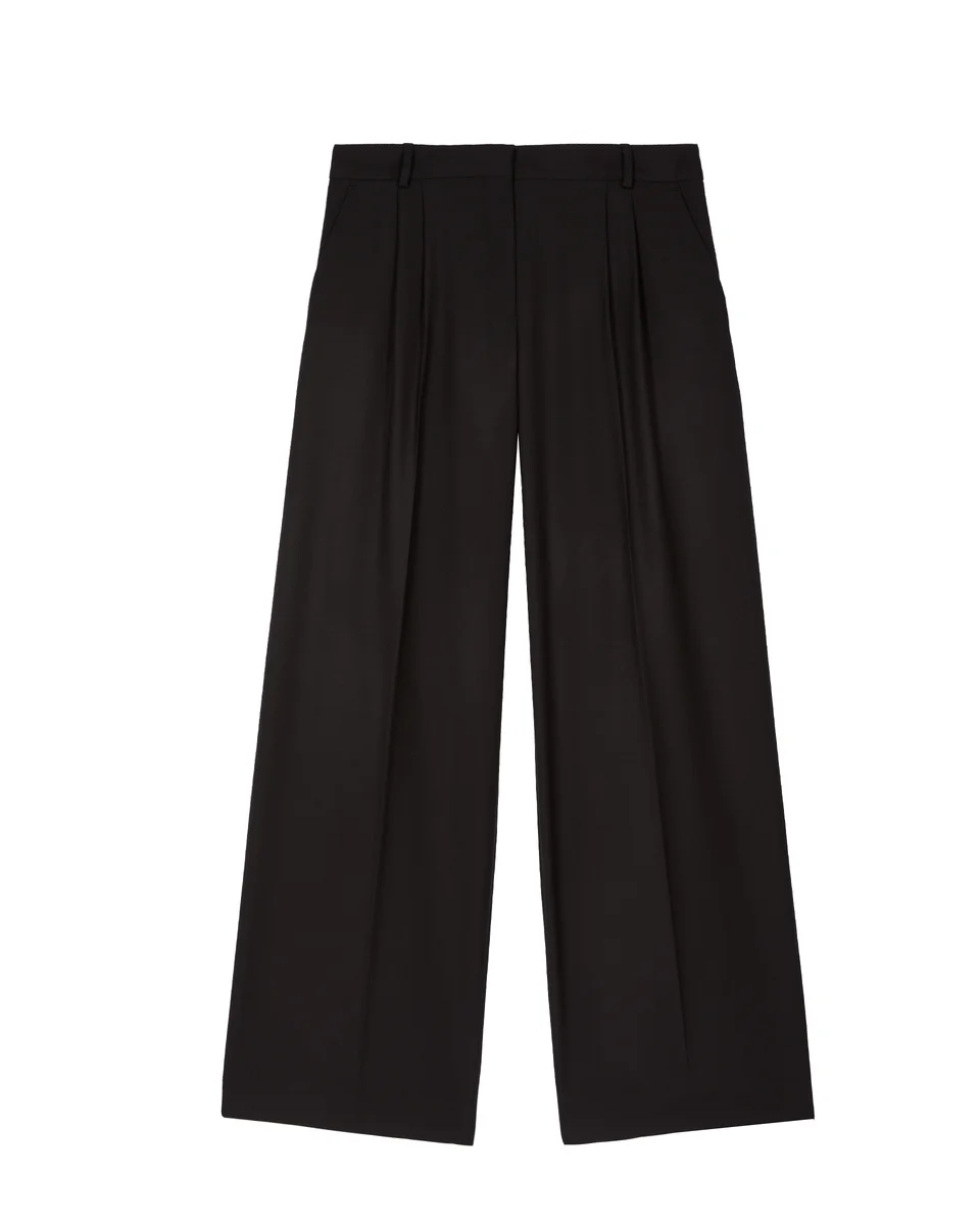 BLACK WOOL WIDE-LEG PANTS - 1