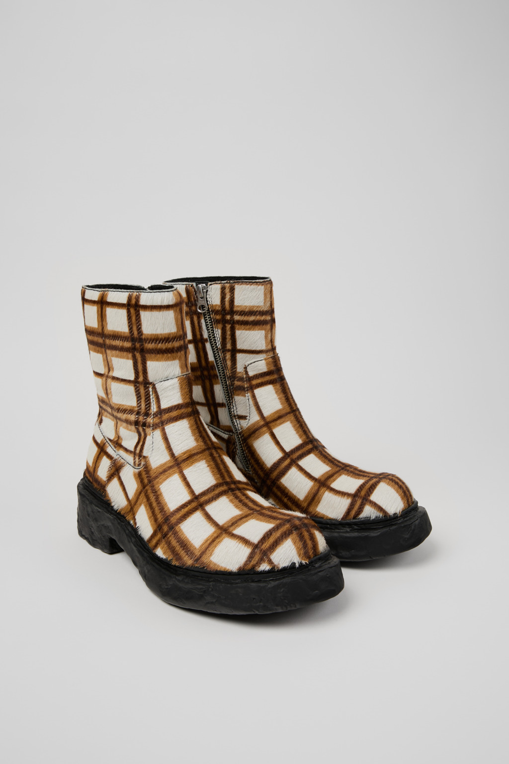 Cream-brown tartan hair-on-leather boots - 2