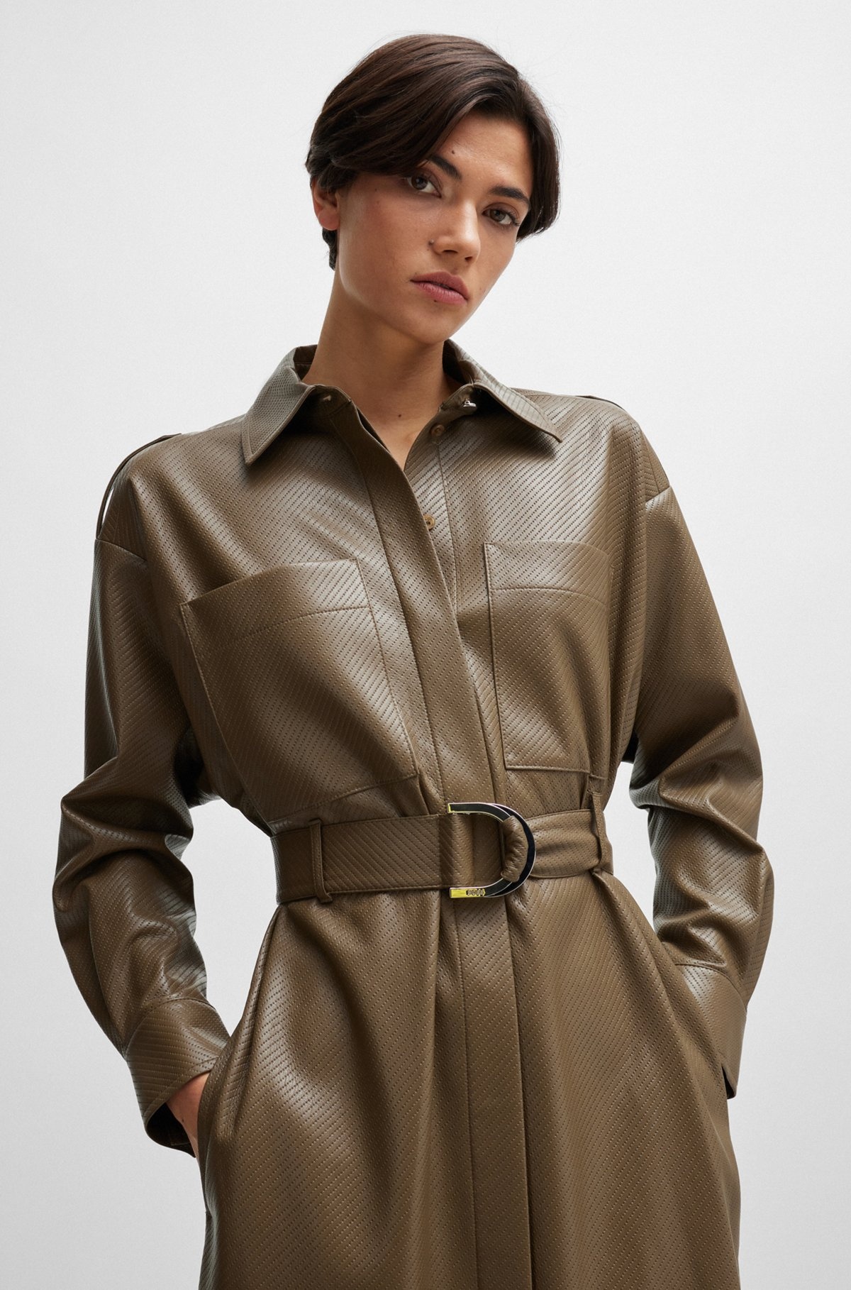 BELTED SHIRT DRESS IN PERFORATED FAUX LEATHER - 6