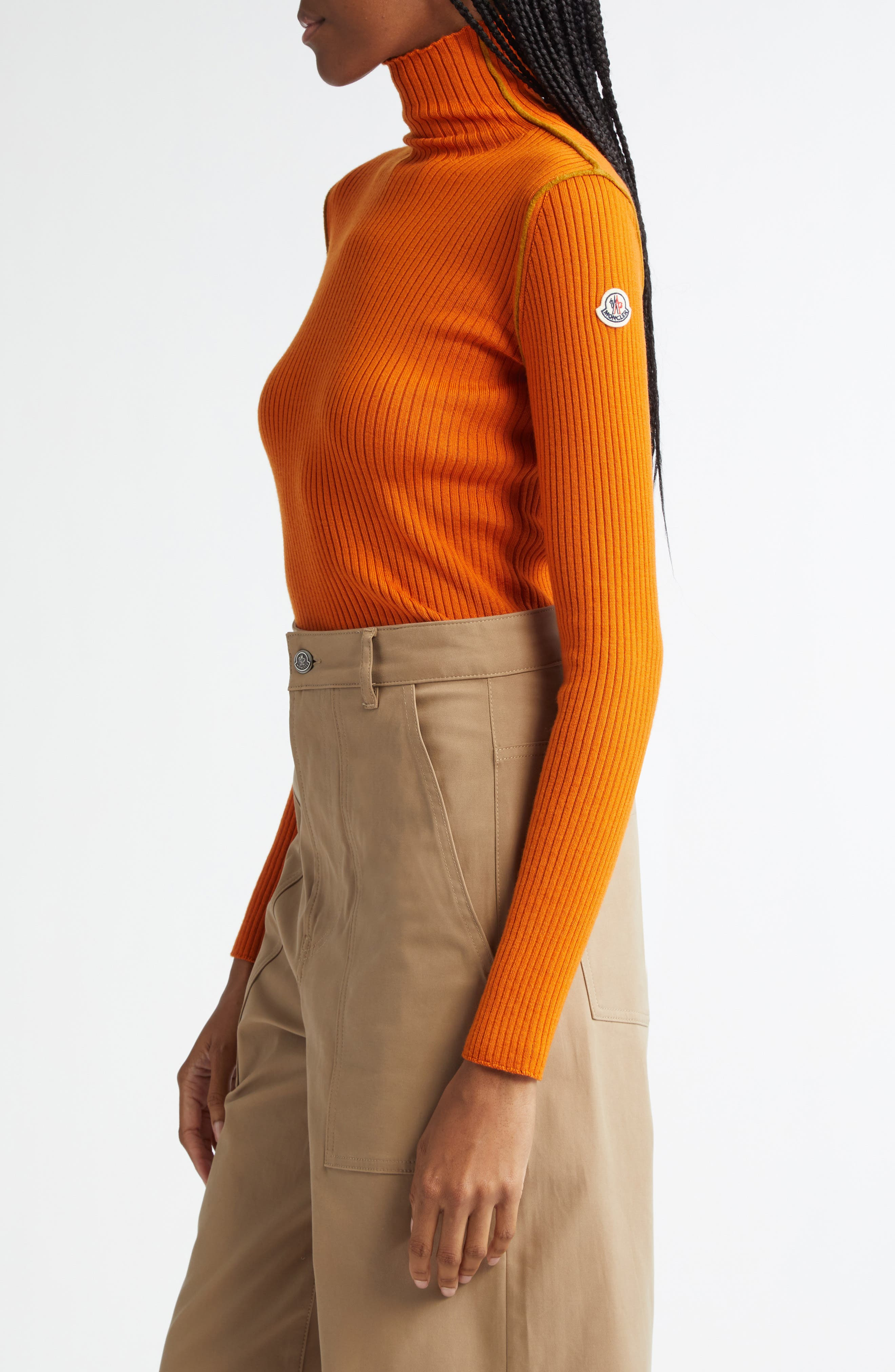 Moncler Fitted Virgin Wool Rib Turtleneck Sweater in Orange at Nordstrom - 3