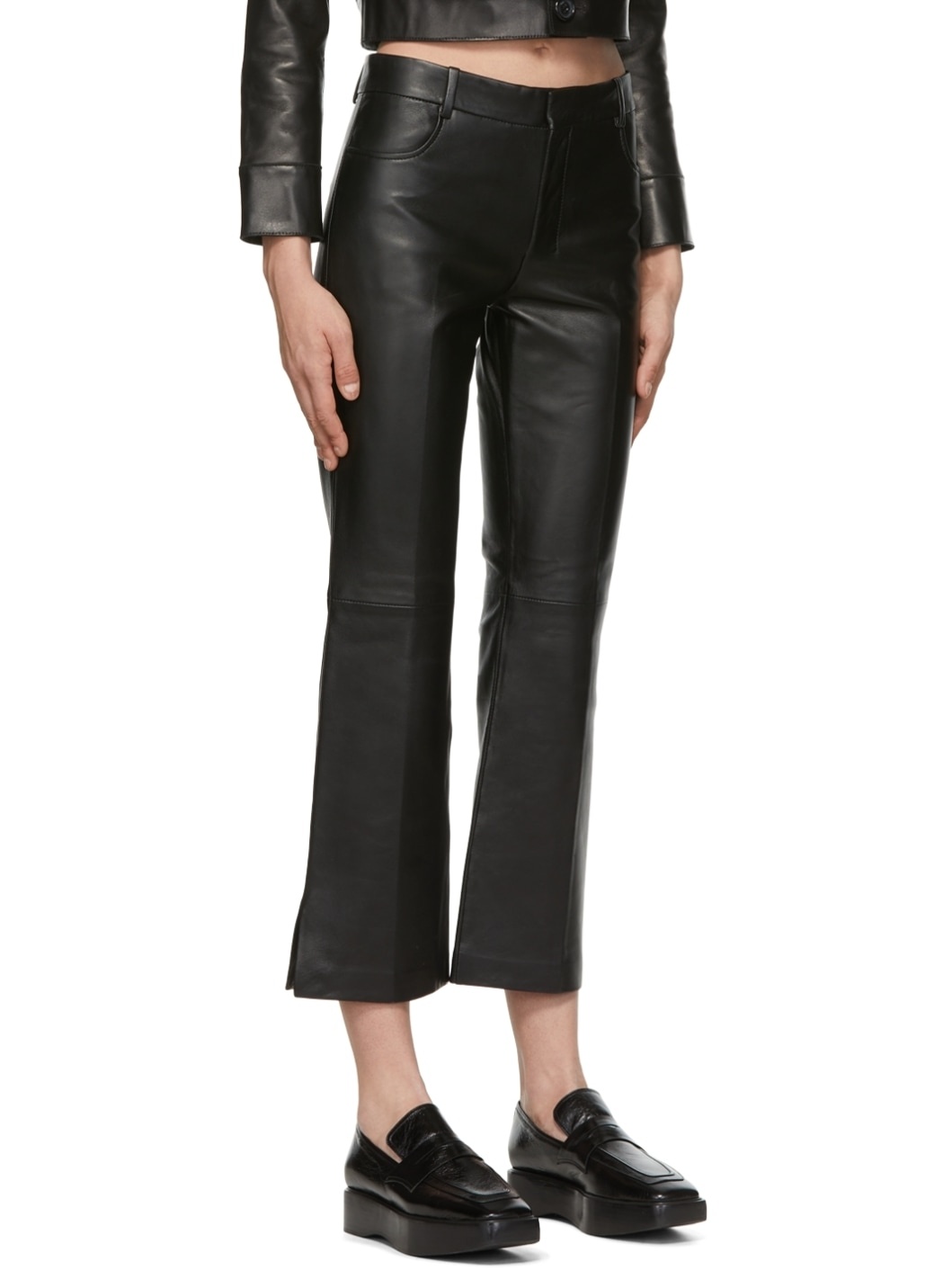 Black Cropped Leather Pants - 2