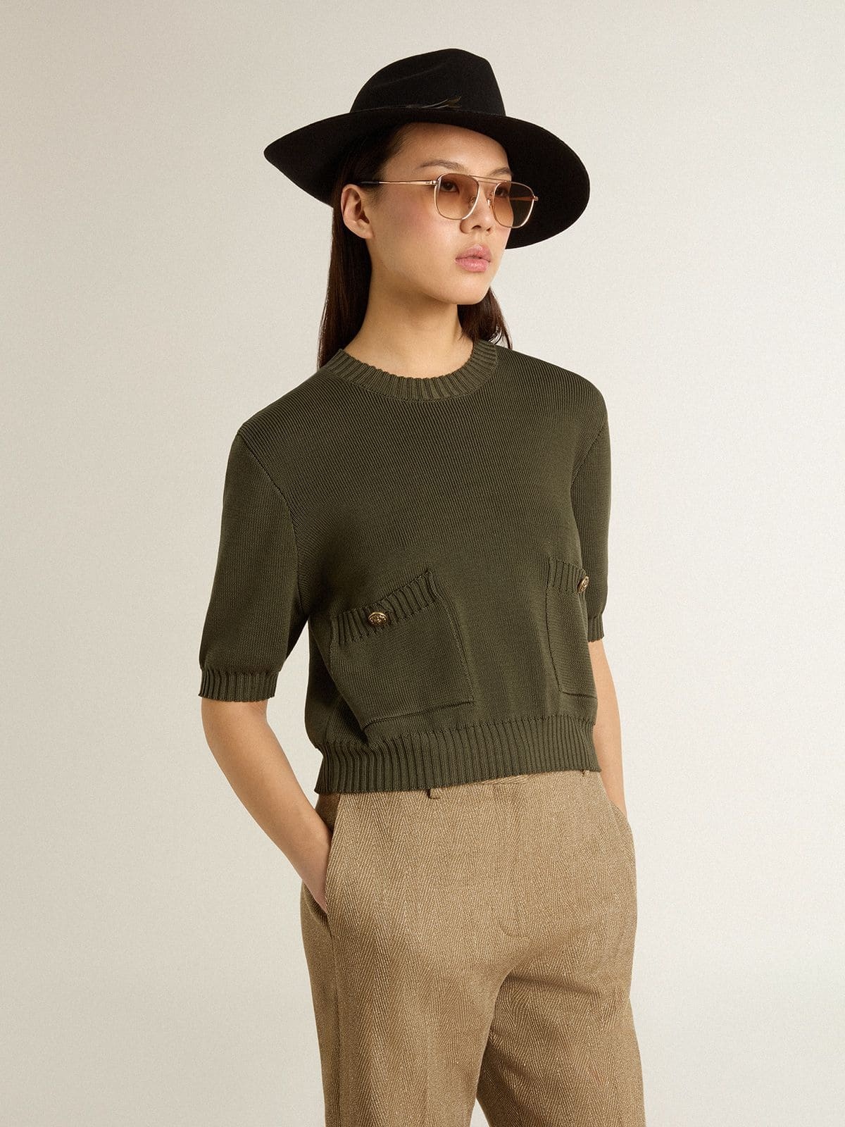 Women's short-sleeved sweater in military-green cotton - 2