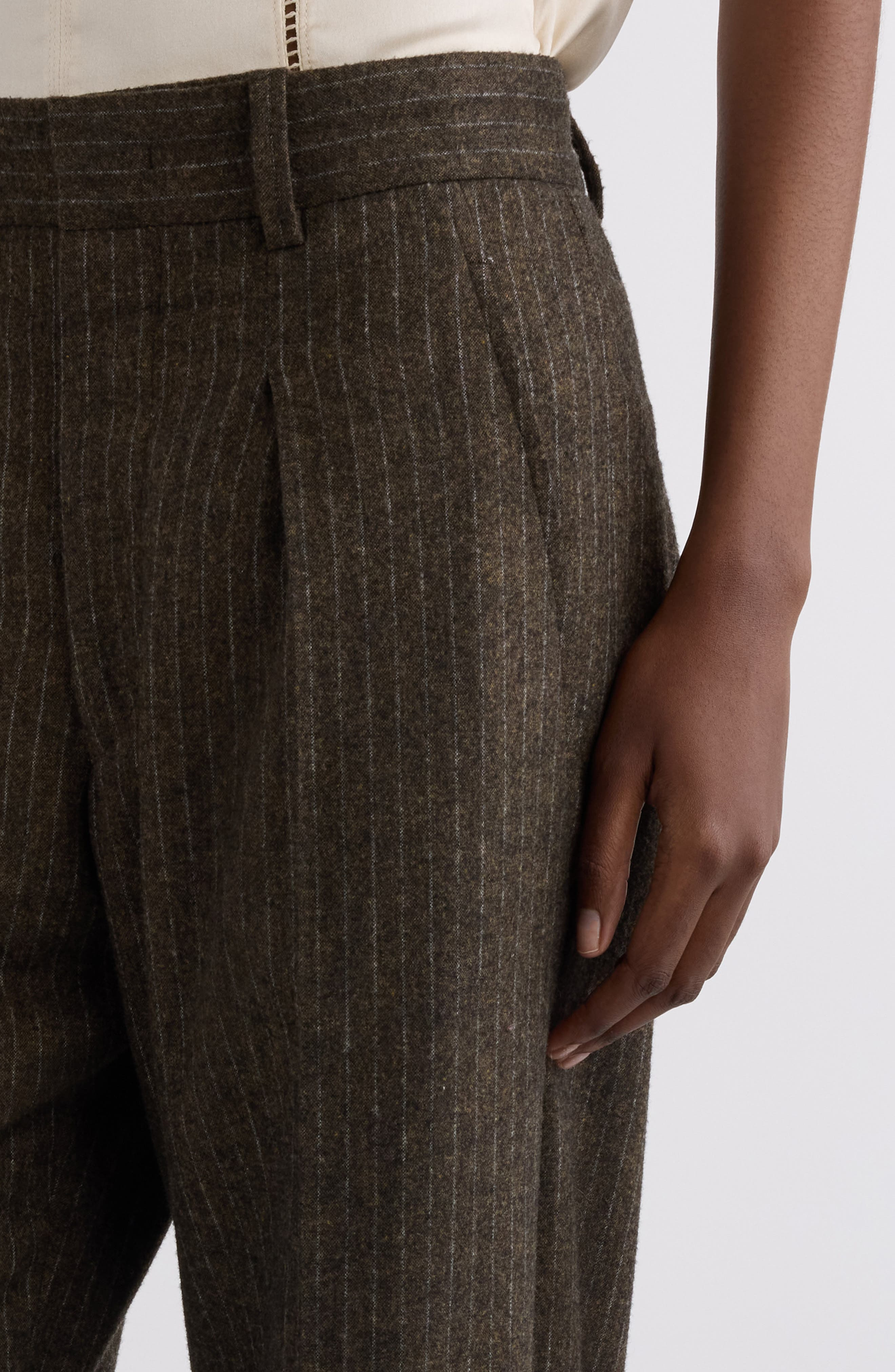 Isabel Marant Lisetta Pinstripe Pleated Wide Leg Wool Blend Trousers in Dark Khaki at Nordstrom - 5