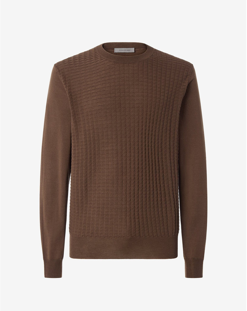 Tobacco brown long-sleeved crew neck shirt made from pure extra fine wool 1