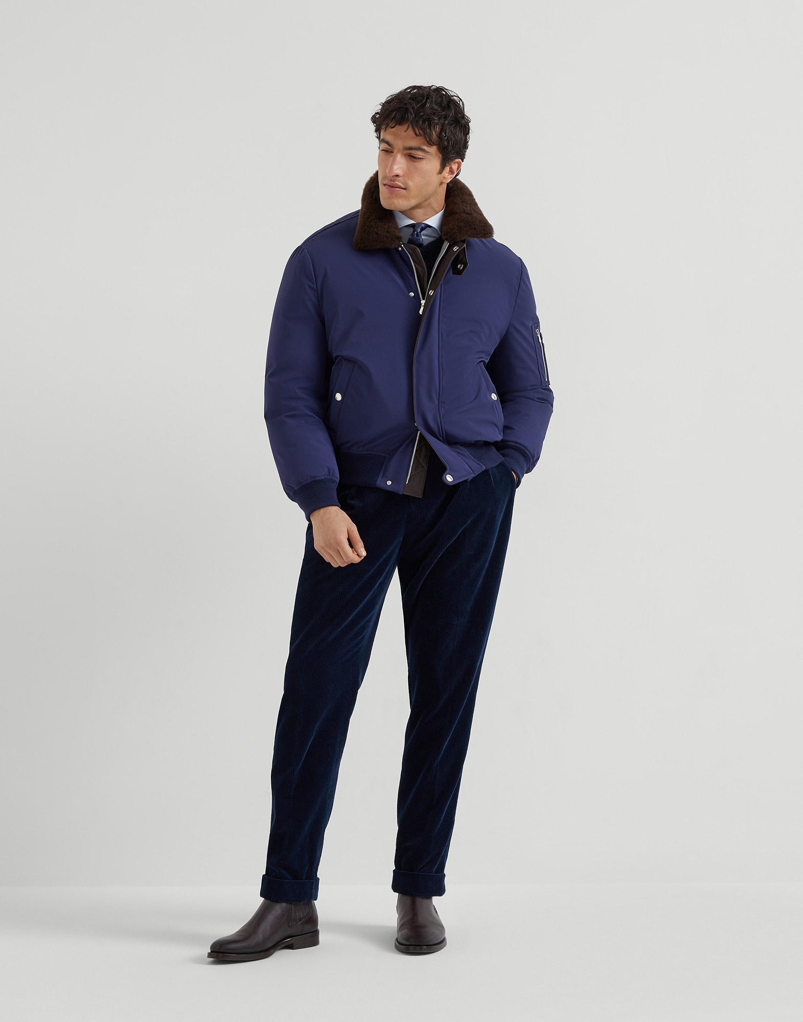 Stretch bonded nylon down jacket with shearling-lined collar - 5