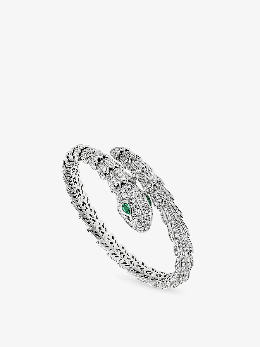 Serpenti Tubolari 18ct white-gold, 3.89ct diamond and 0.26ct emerald bracelet - 1