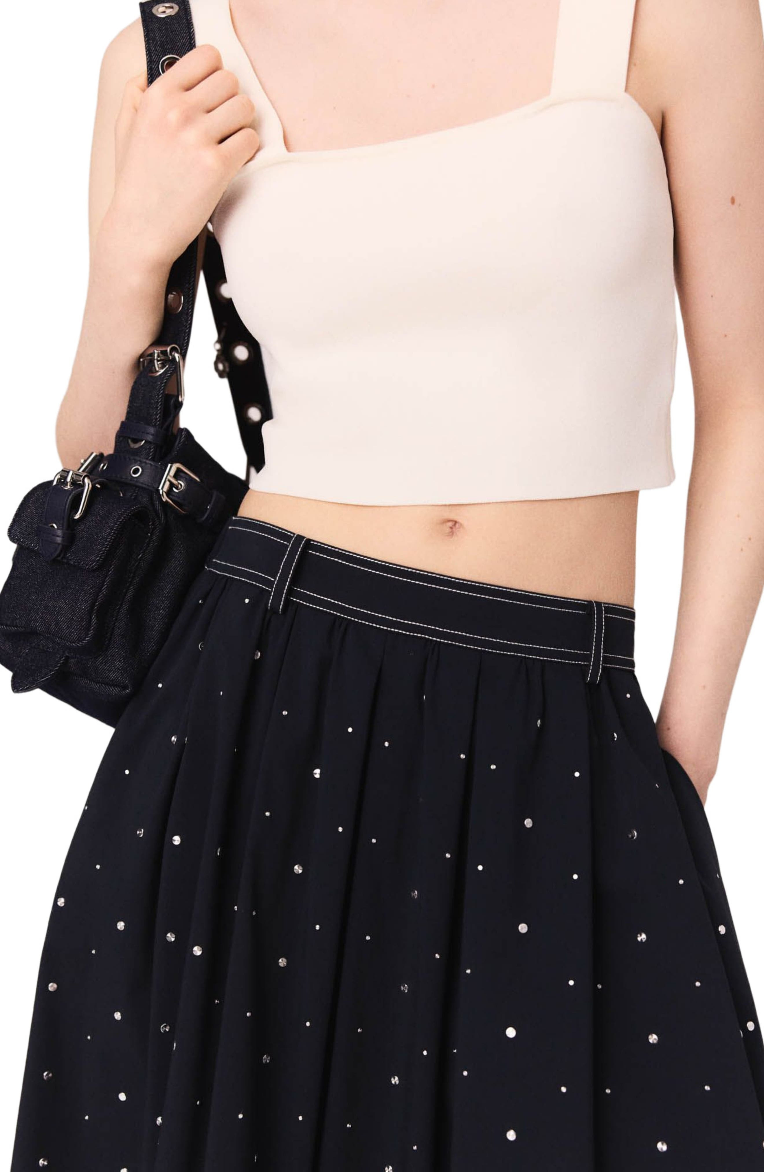 maje Studded flared cotton skirt in Navy at Nordstrom - 7