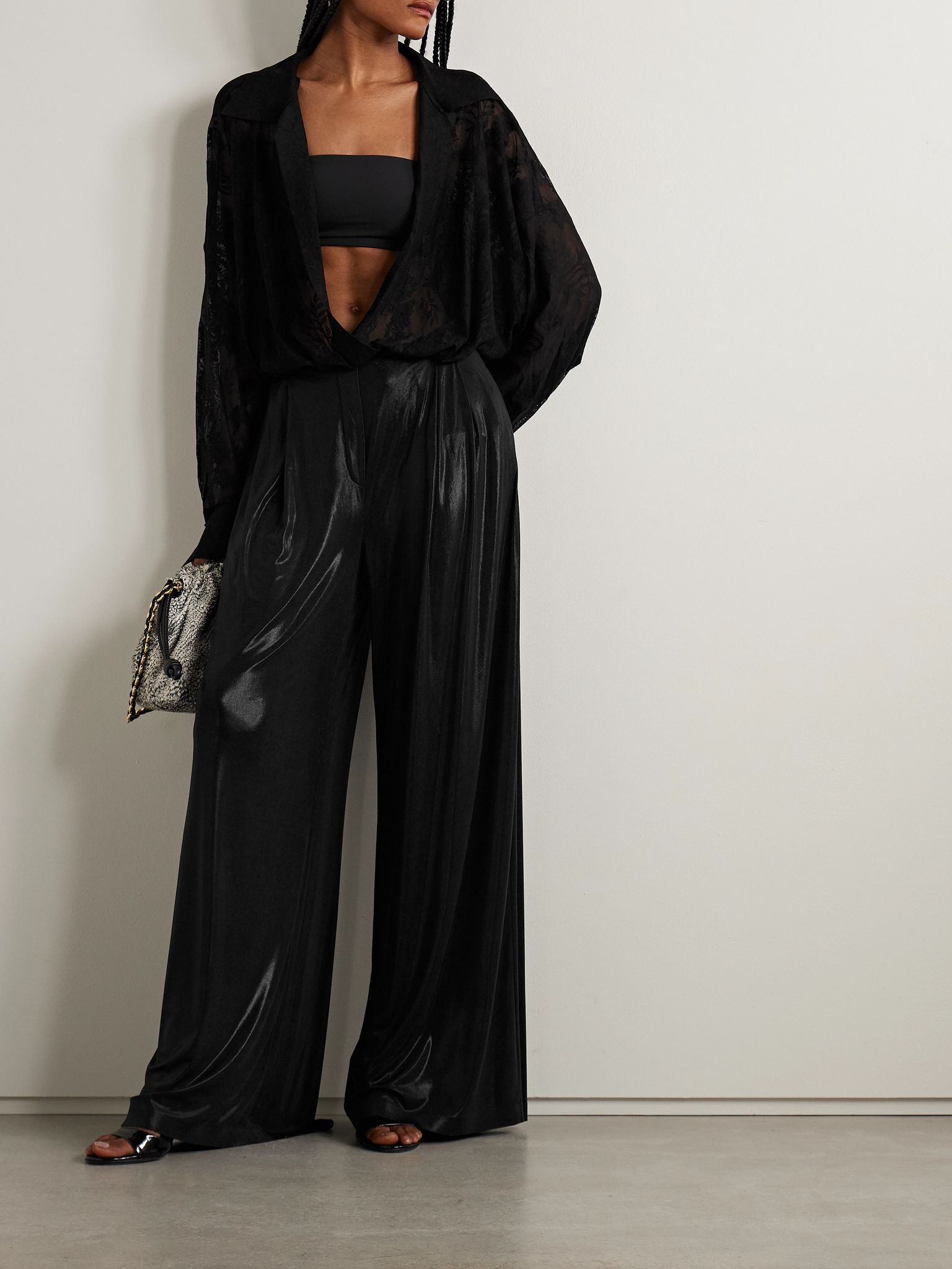 Pleated stretch-jersey wide-leg pants Black - 2