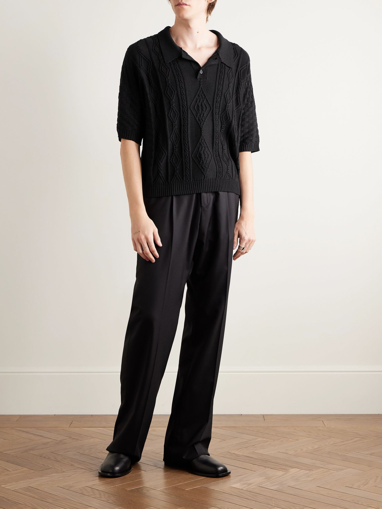 Anthony Cable-Knit Silk and Cotton-Blend Polo Shirt Black - 2