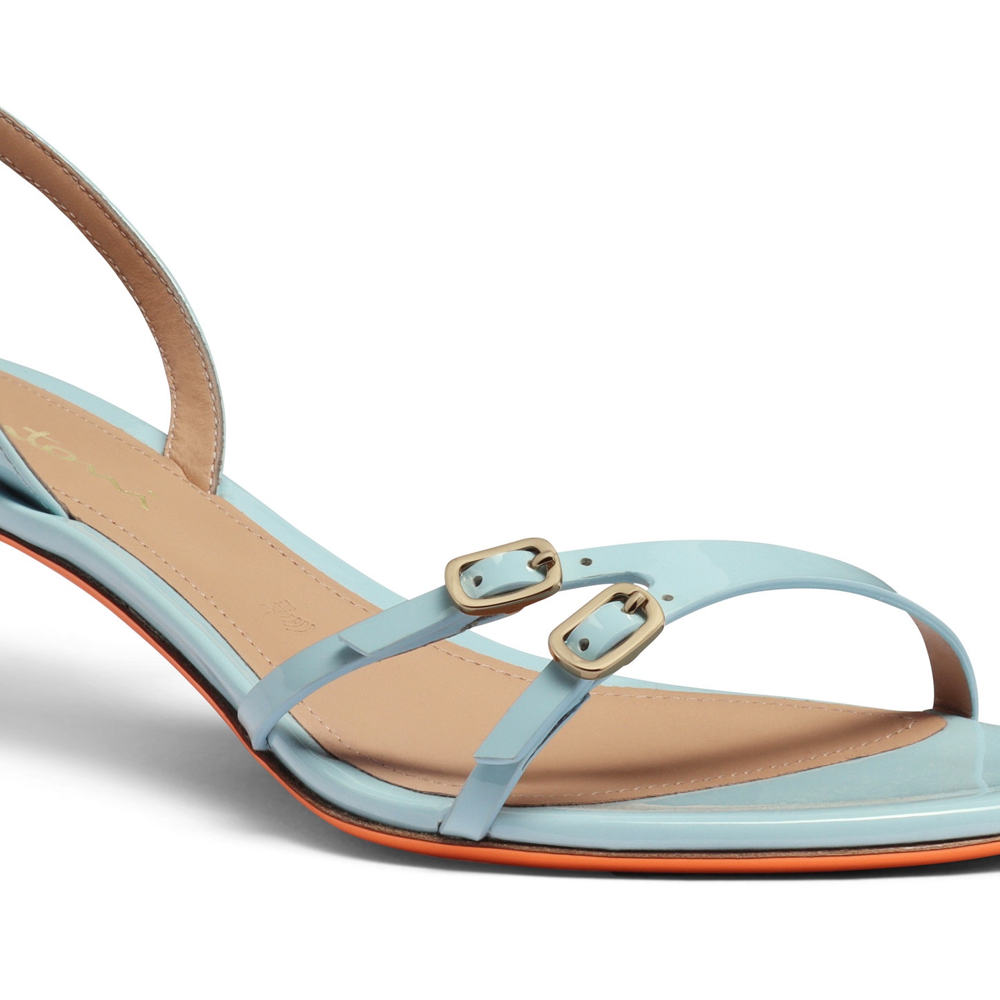 Women's light blue patent leather mid-heel sandal - 6