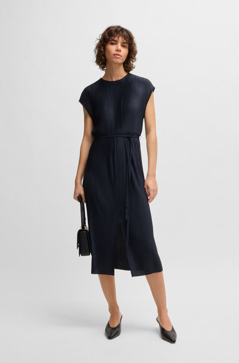 BOSS BELTED SLEEVELESS DRESS IN HIGH-SHINE PLISSÉ outlook