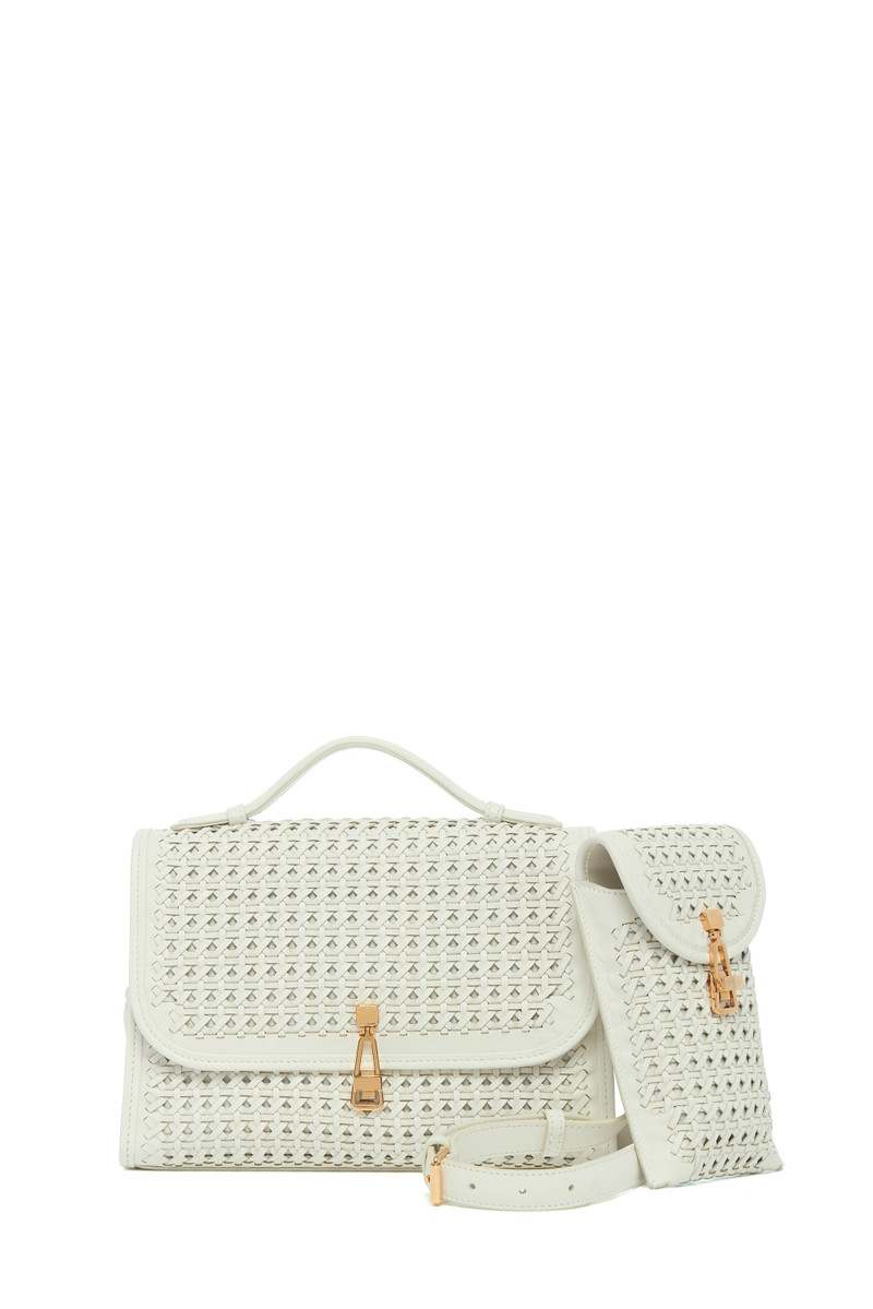 Medium Leonora Flap Bag in White Woven Leather with Sunglass Pouch 1