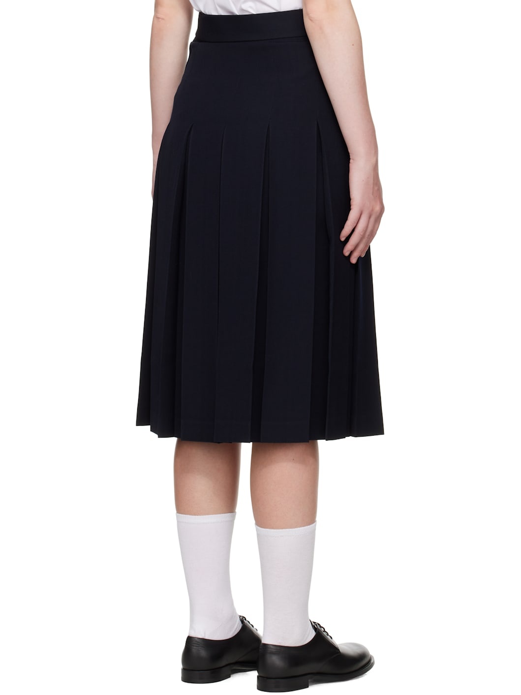 Navy Wool Pleated Waist Button Midi Skirt - 3