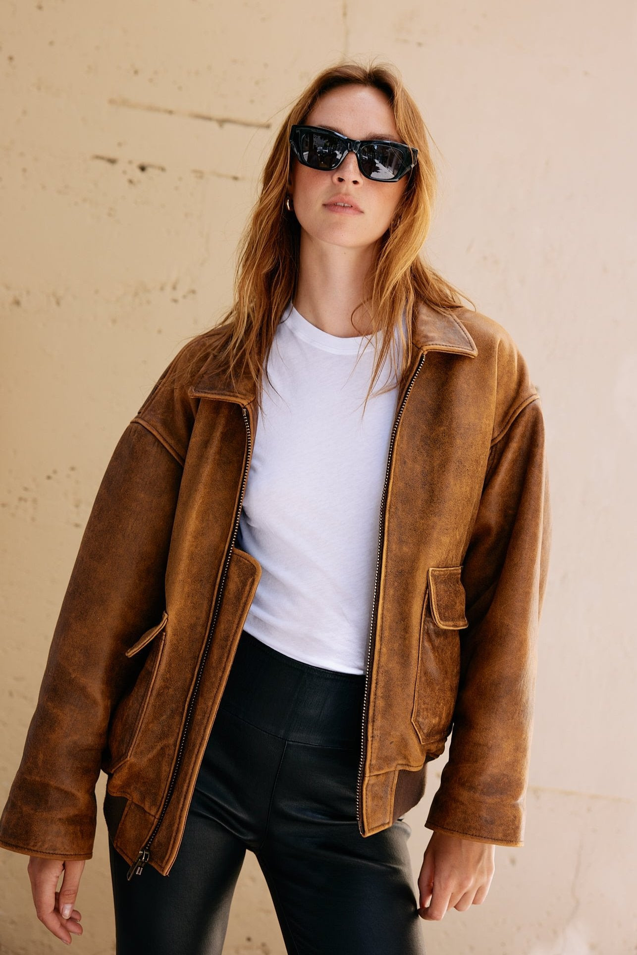 BROWN DISTRESSED LEATHER AVIATOR JACKET - 6