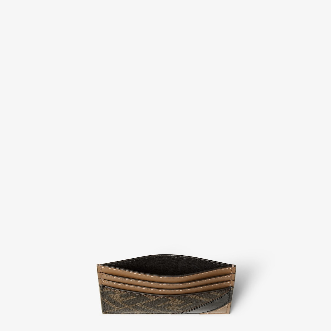 Card holder with six slots and flat central pocket. Made of textured fabric with FF motif in brown a - 3