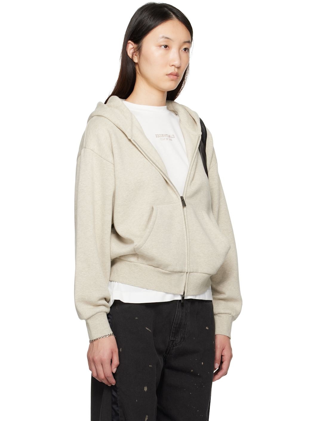 Beige Classic Fit Zip-Up Hoodie - 2