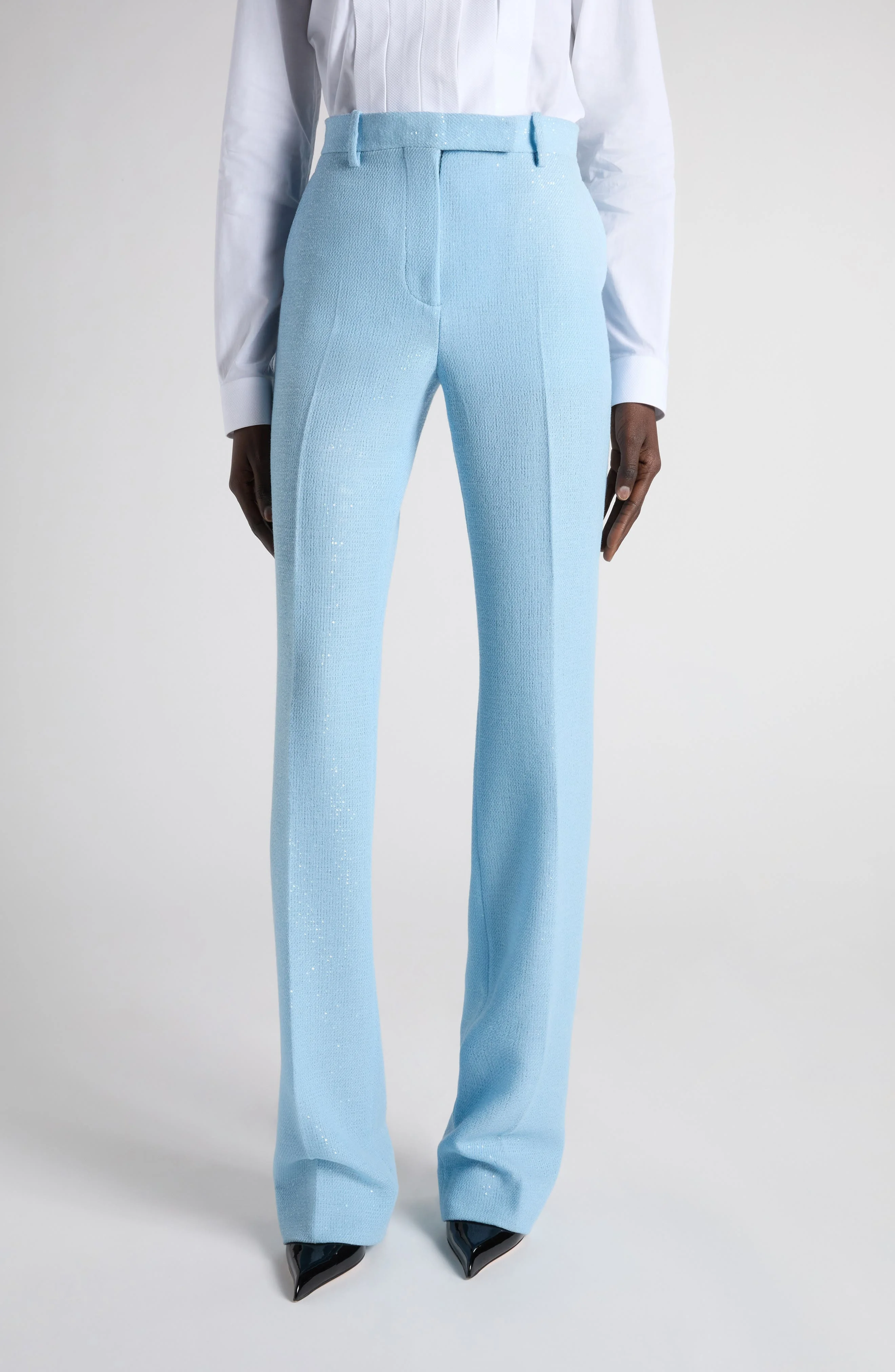 TOM FORD Tailored Sequin Wool Blend Crepe Straight Leg Pants in Sky Blue at Nordstrom - 1
