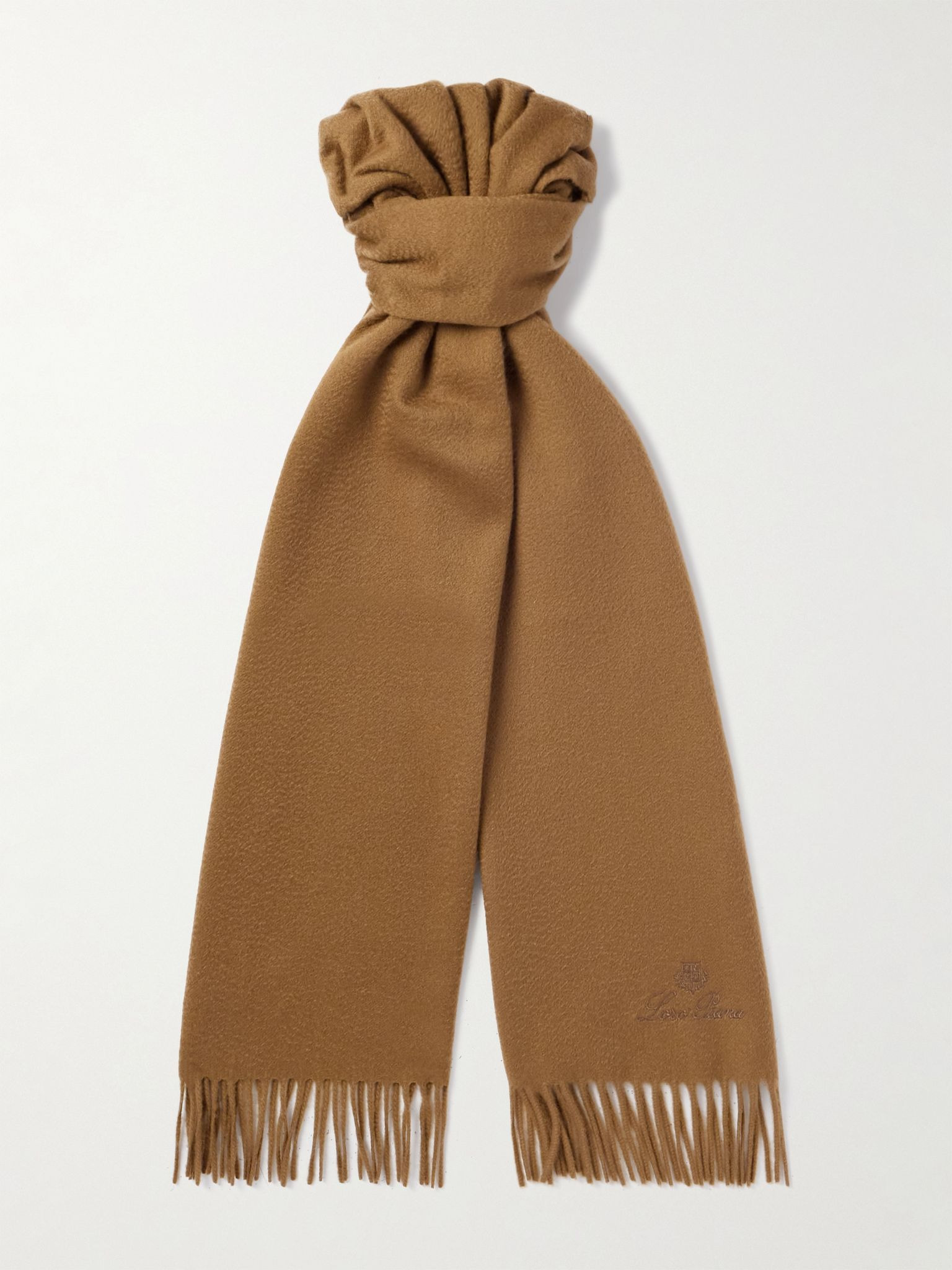 Logo-Embroidered Fringed Cashmere Scarf Brown - 1