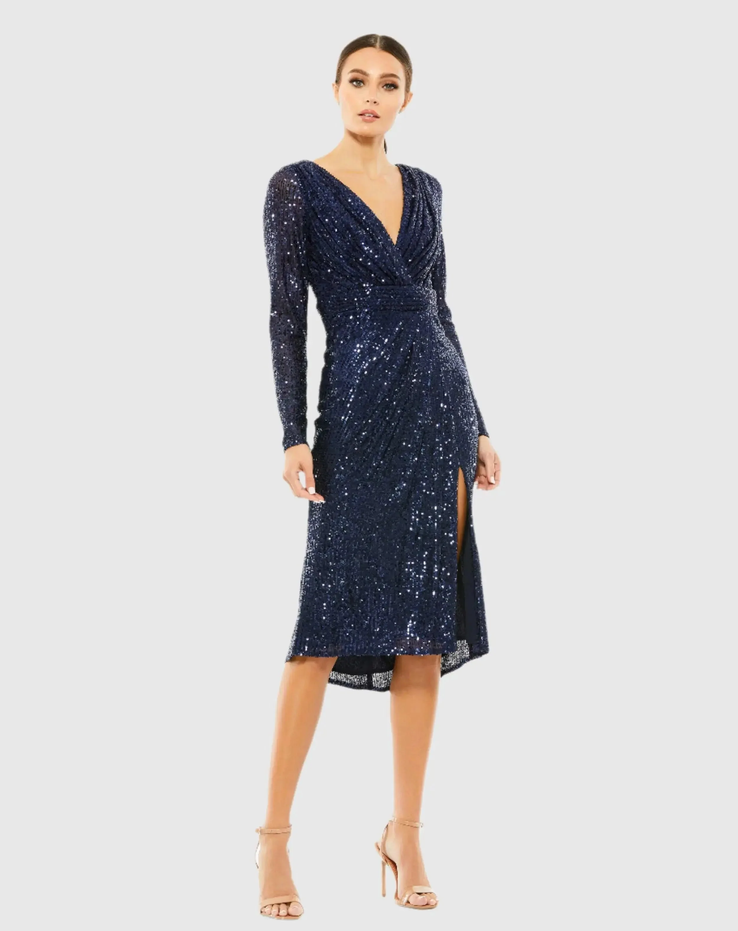 Navy Long Sleeve Midi Sequin Dress - 1