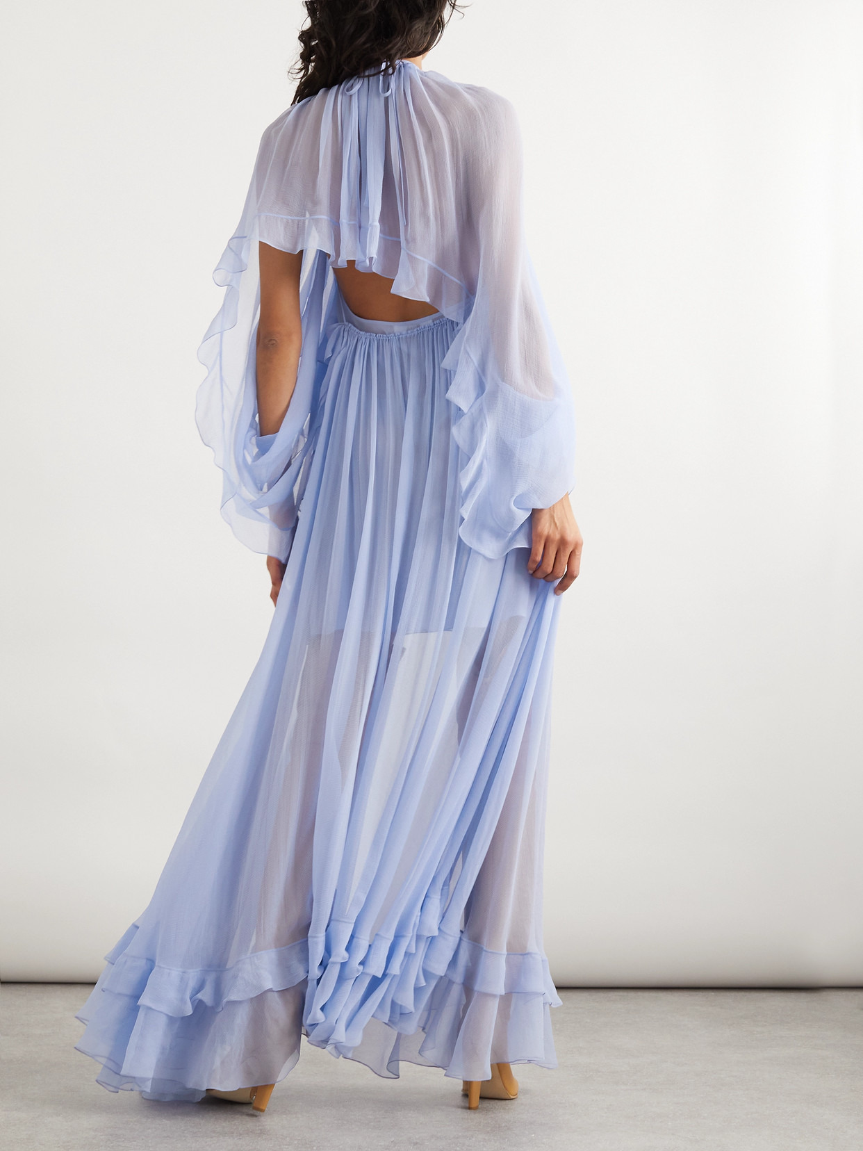 Cape-effect Open-back Ruffled Silk-crepon Gown - 3