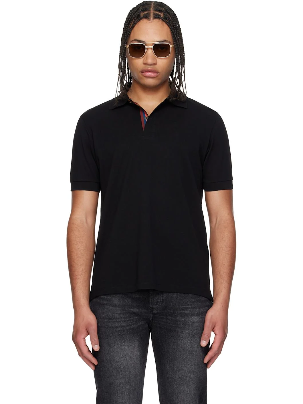 Black Cotton 'Artist Stripe' Placket Polo Shirt - 1