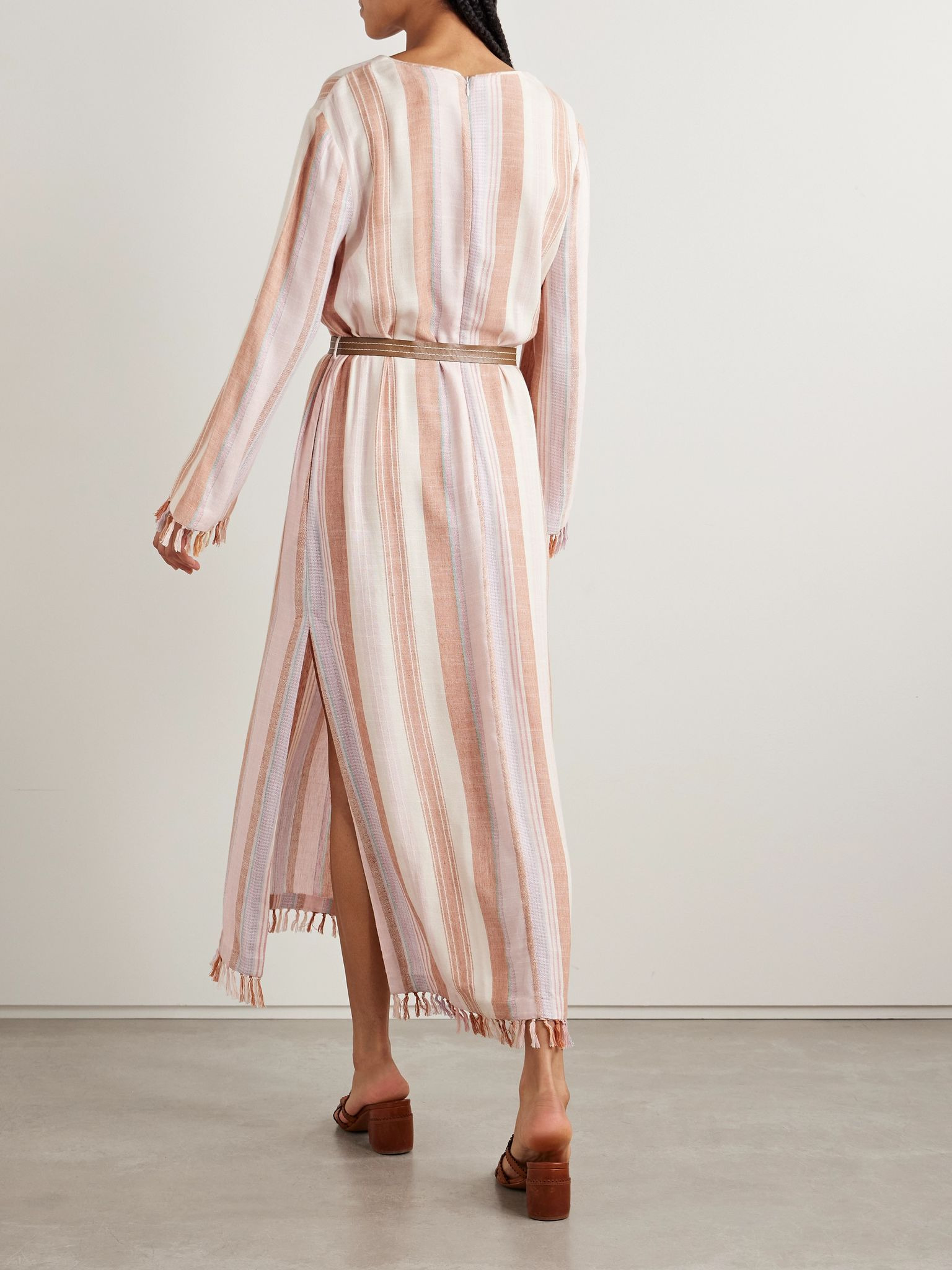 Lucky belted tasseled striped voile midi dress Beige - 3