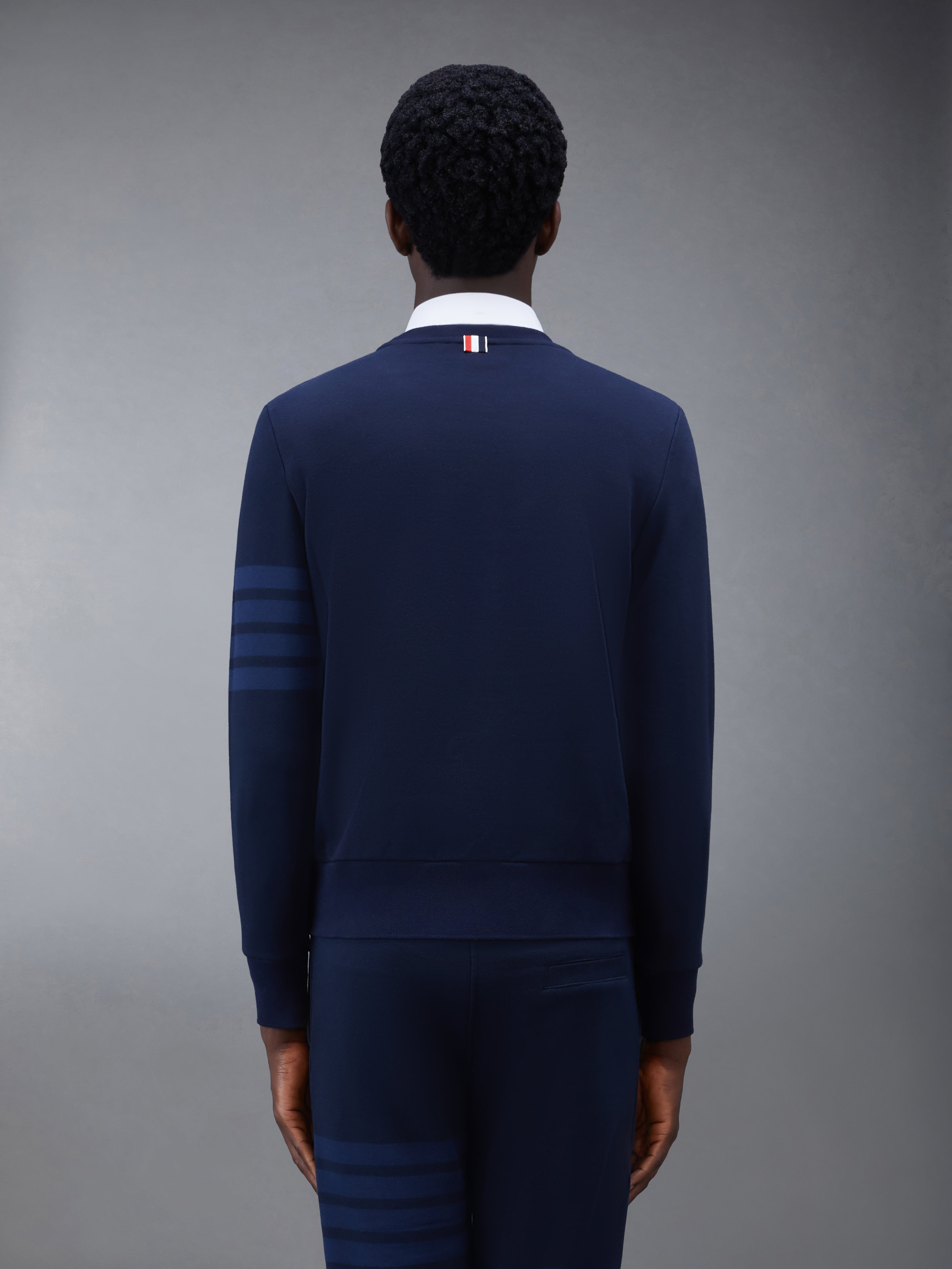 Navy Cotton Loopback Relaxed Fit Tonal 4-Bar Crewneck Sweatshirt - 2