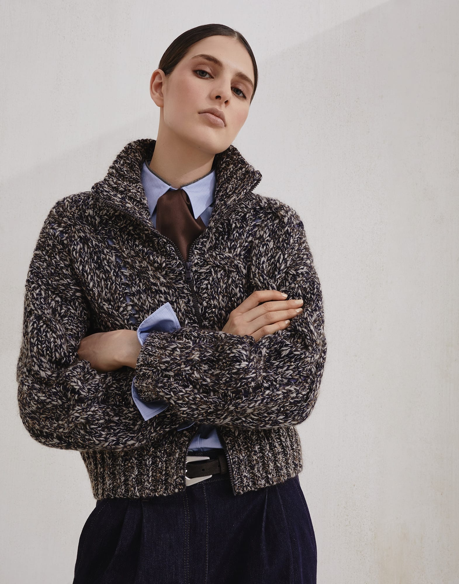 Dazzling chiné cable knit cardigan in soft wool, cashmere and mohair with zipper - 4