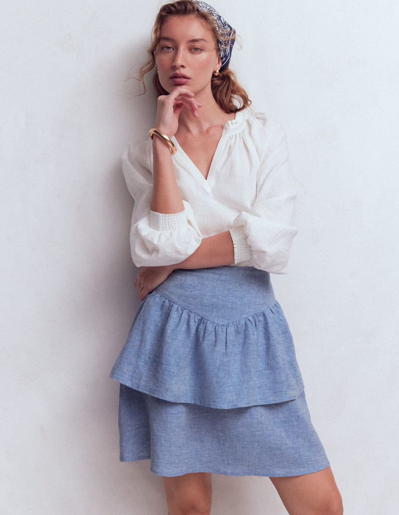 BODEN Tiered Linen Skirt-Blue Chambray outlook