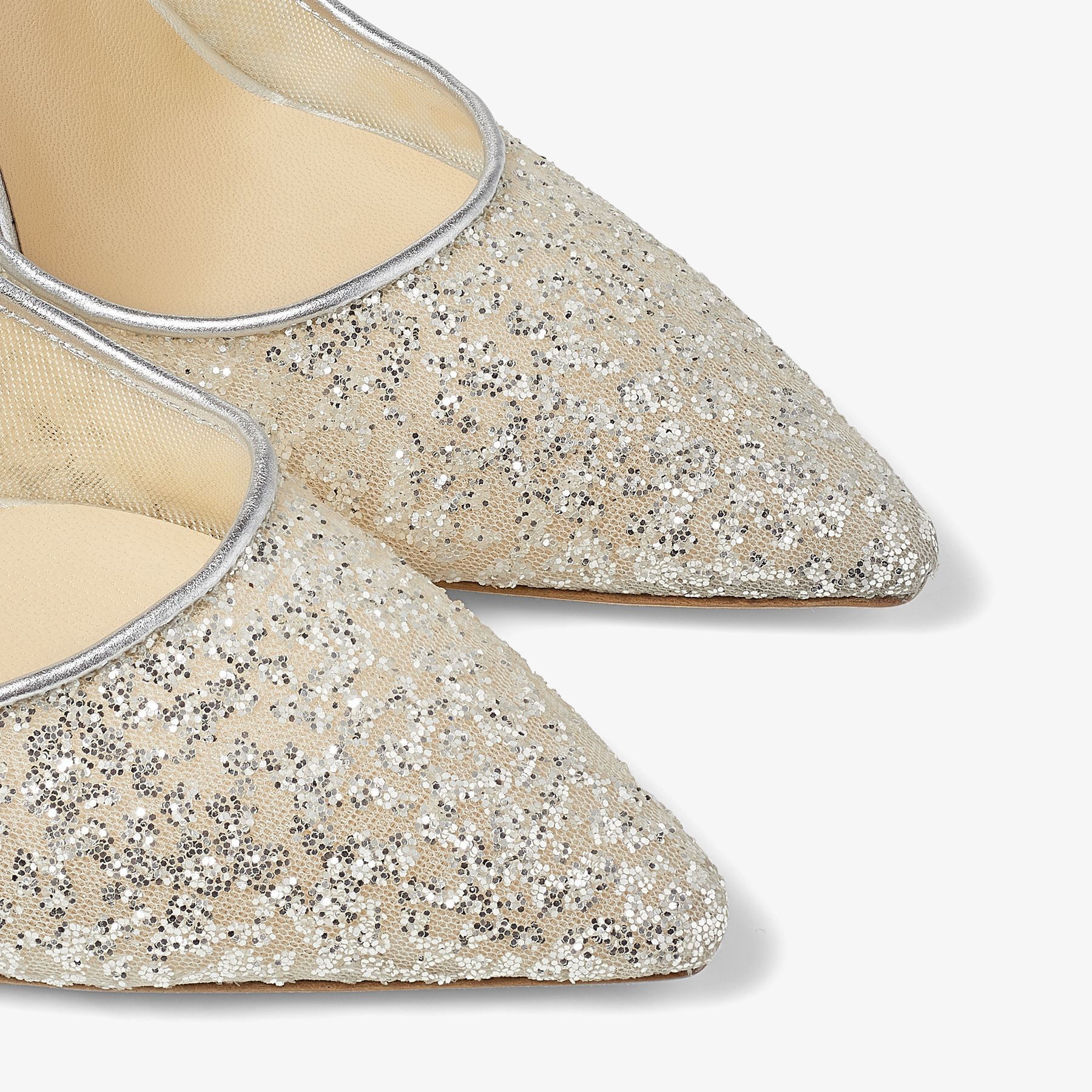 JIMMY CHOO Romy 85 Silver Glitter Tulle and Metallic Nappa Pointy 