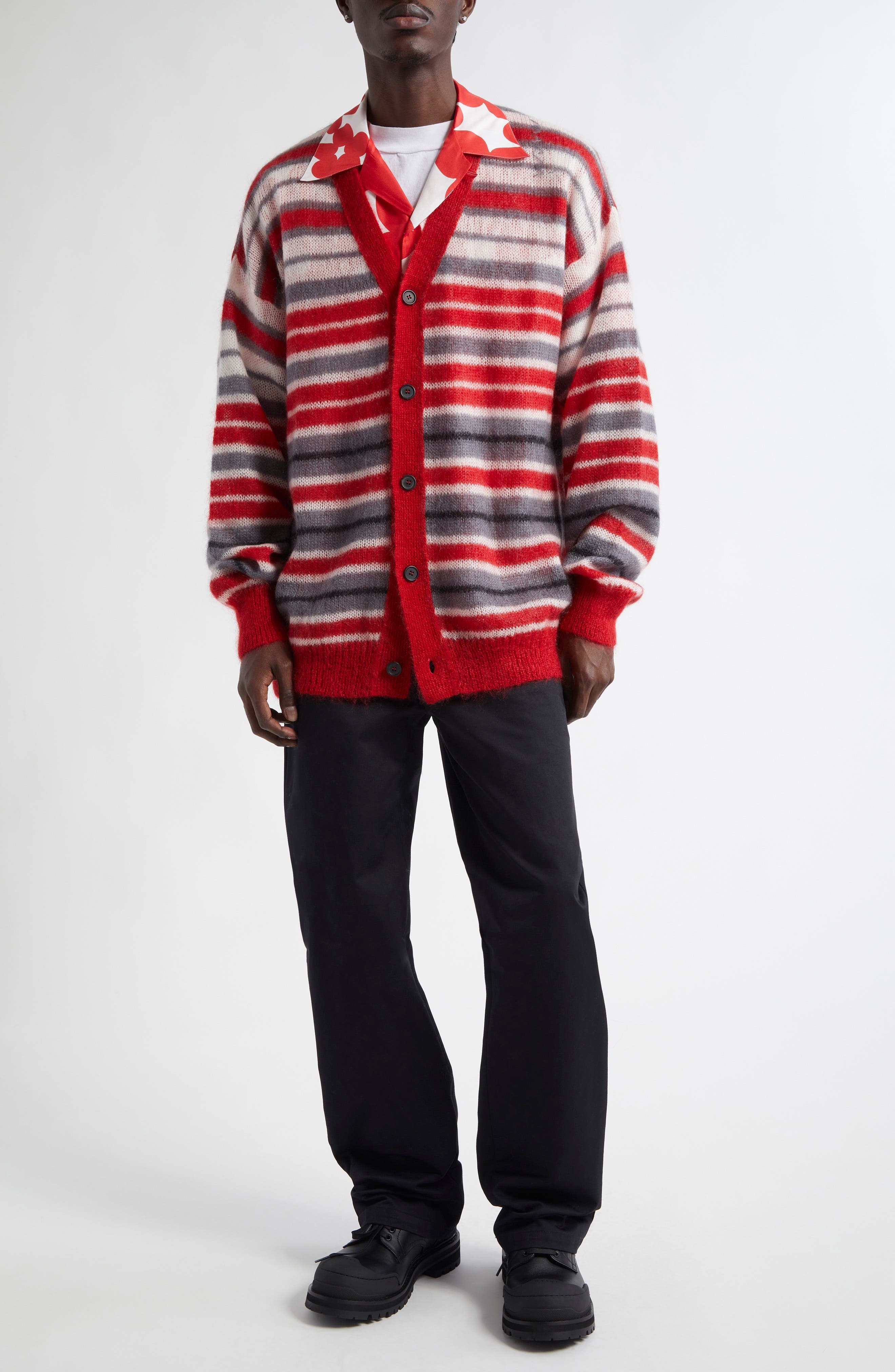 Marni Stripe Mohair Blend Cardigan in Neutral Grey at Nordstrom - 2