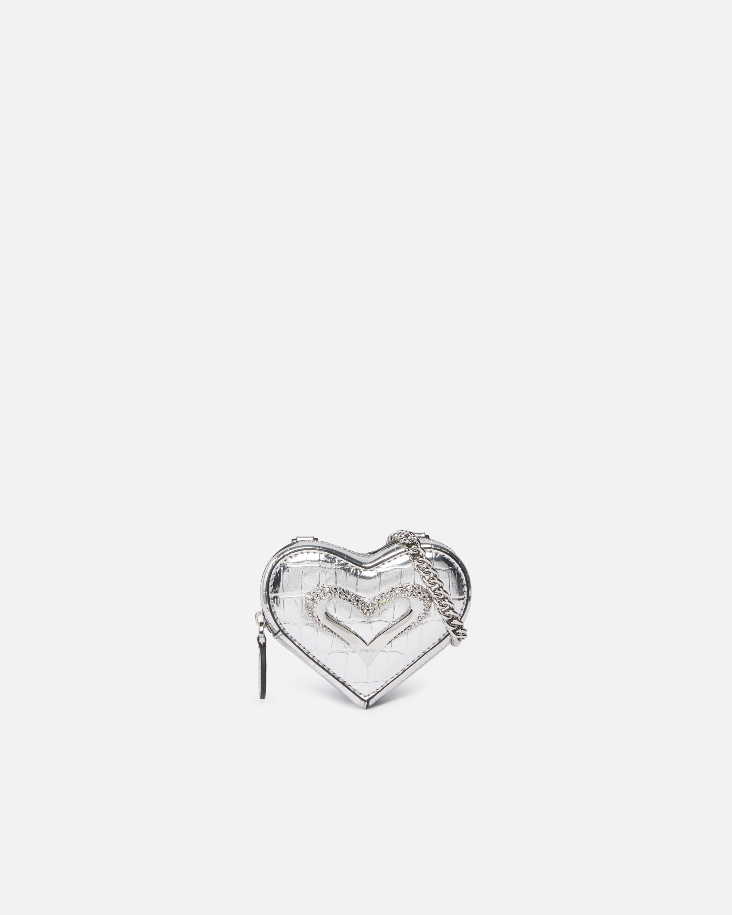 SILVER MIRROR-FINISH LEATHER HEART-SHAPED COIN PURSE - 1