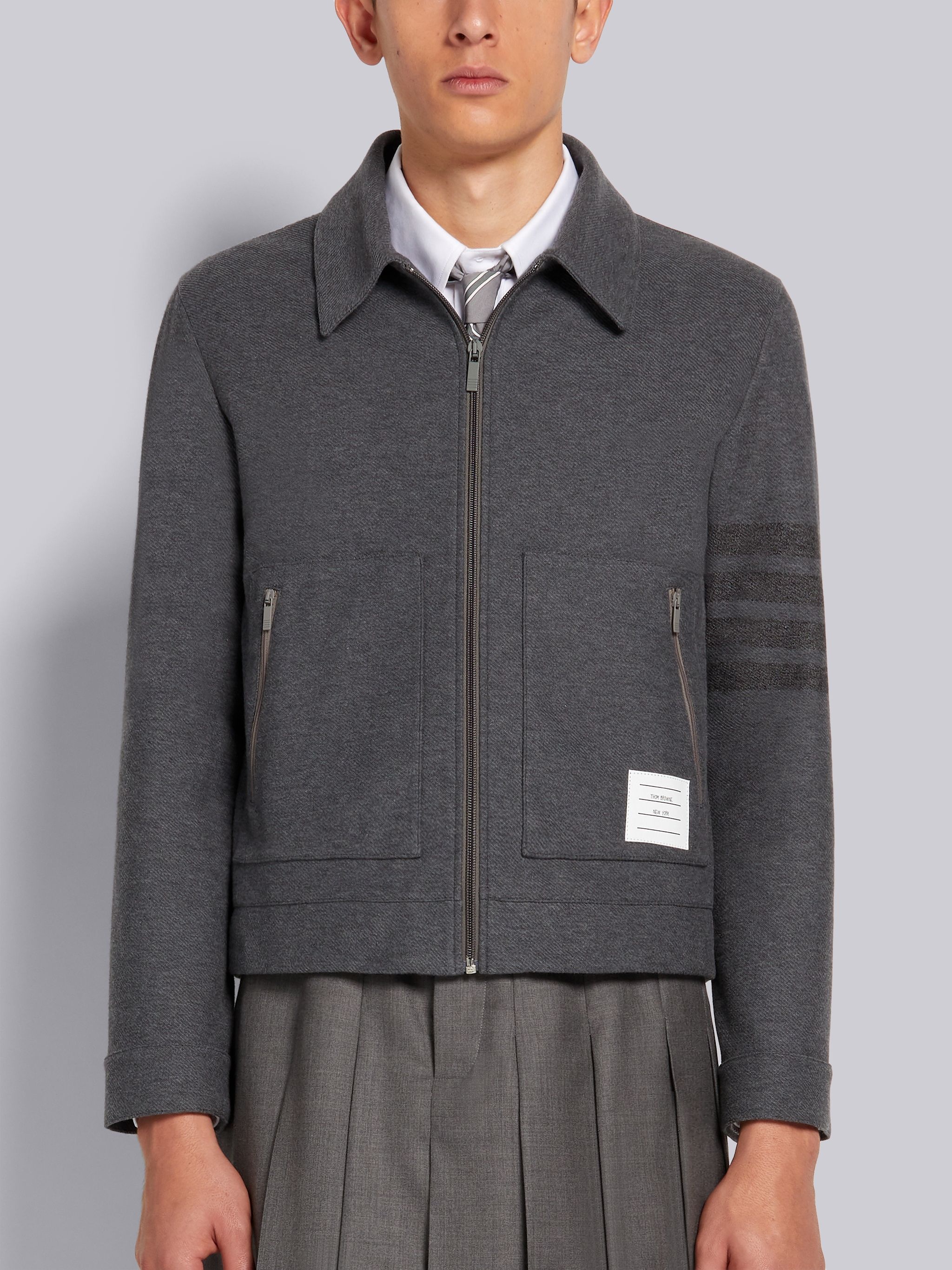 Medium Grey Double Face Tech Twill Tonal 4-Bar Stripe Coach Jacket - 1